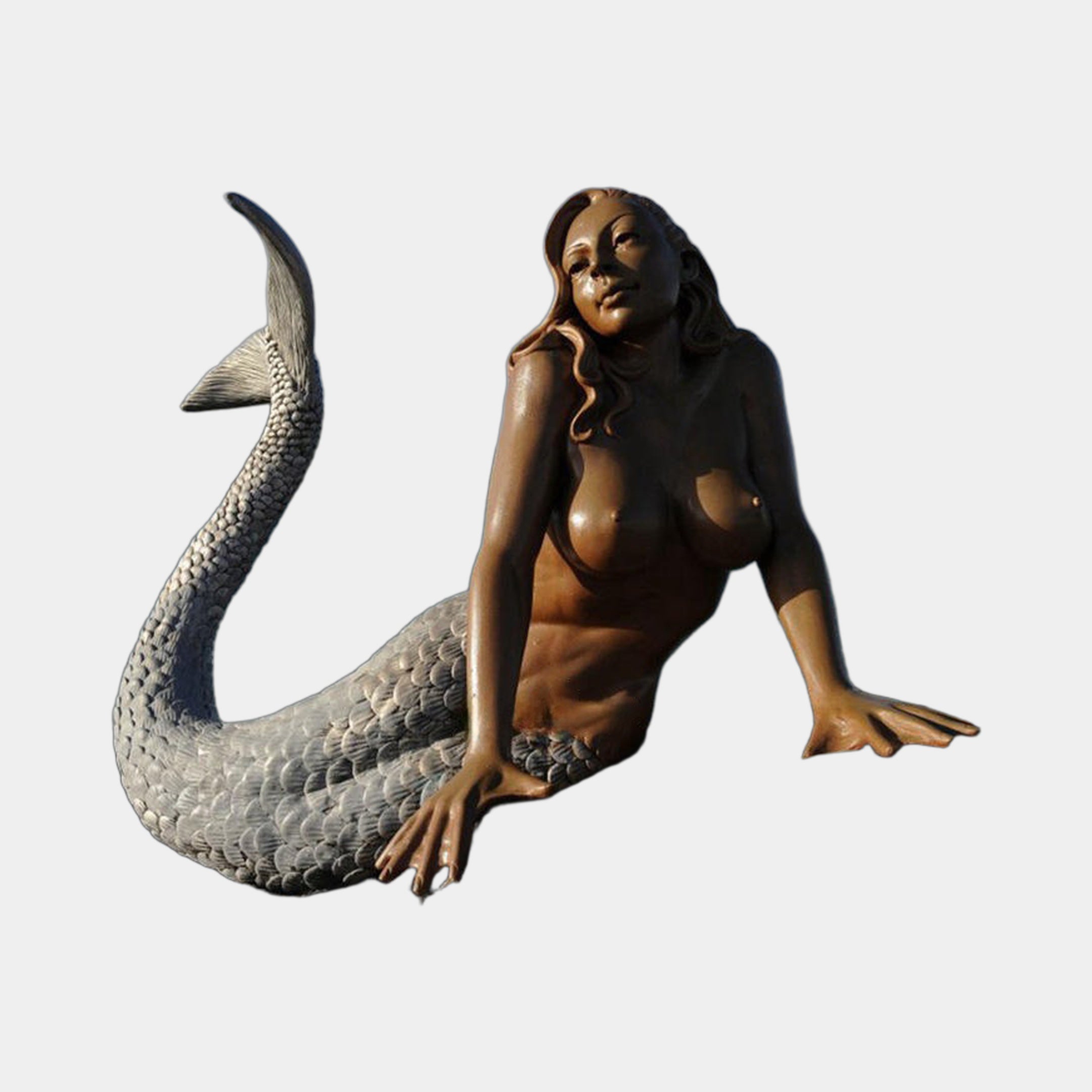 Life-Size Classical Reclining Mermaid Bronze Sculpture by Giant Sculptures, propped on both arms with brown torso and grey scaled tail curving upward, on a plain background.