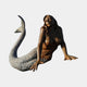 Life-Size Classical Reclining Mermaid Bronze Sculpture by Giant Sculptures, propped on both arms with brown torso and grey scaled tail curving upward, on a plain background.