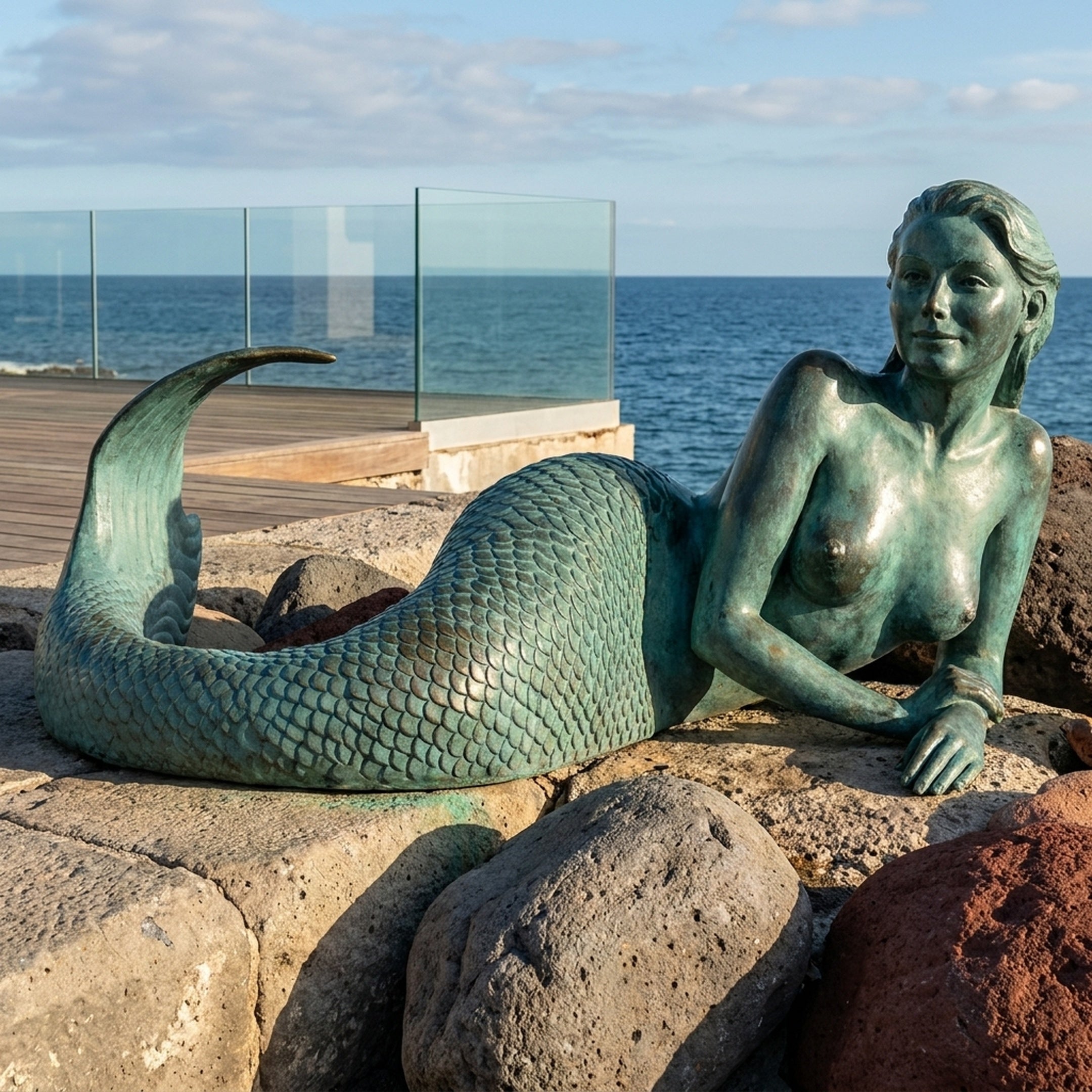 Life-Size Classical Reclining Mermaid Bronze Sculpture by Giant Sculptures with verdigris patina, propped on forearms with scaled tail curling up, on rocks by the sea.