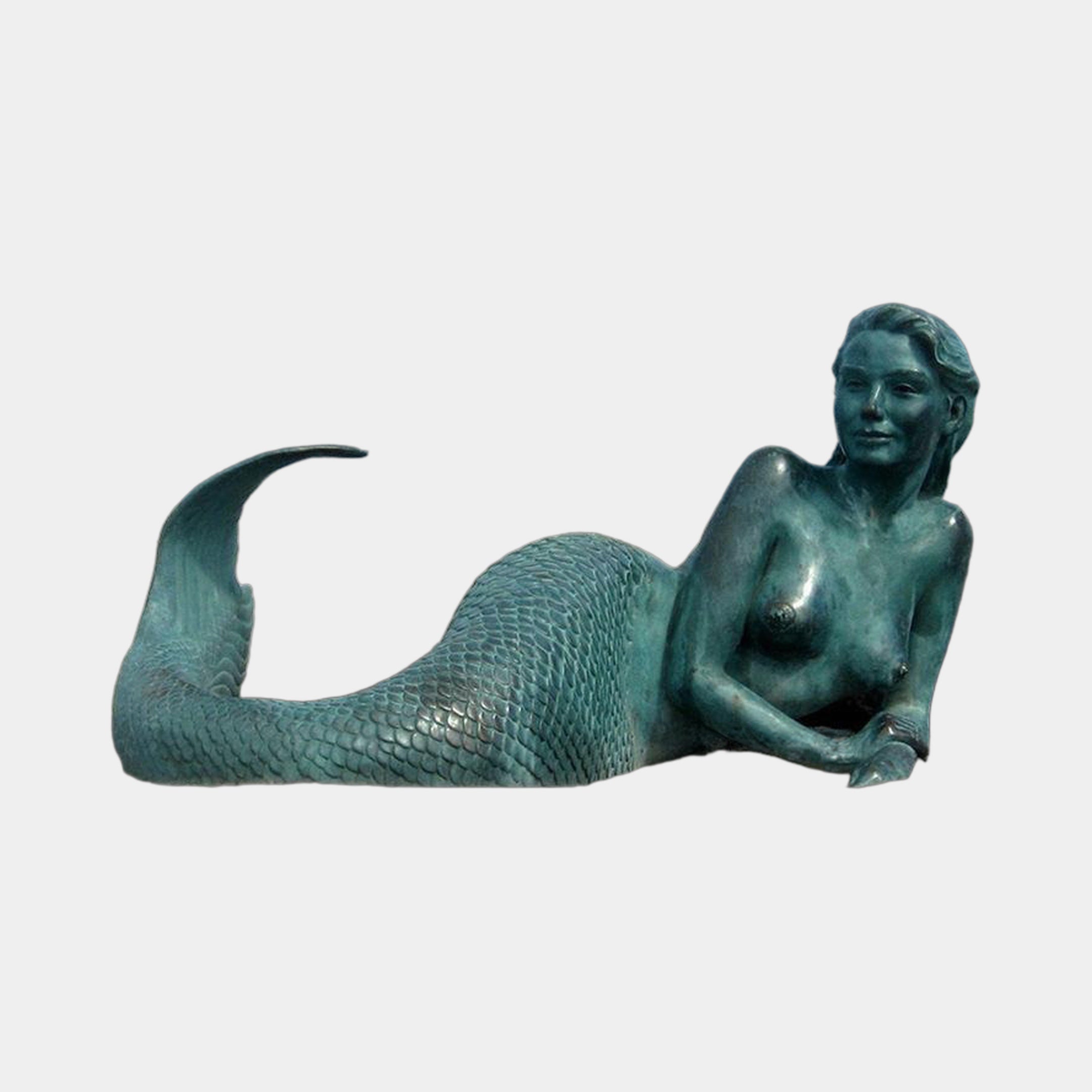 Life-Size Classical Reclining Mermaid Bronze Sculpture by Giant Sculptures, 250cm figure with verdigris patina and scaled tail curling upward, on a plain background.
