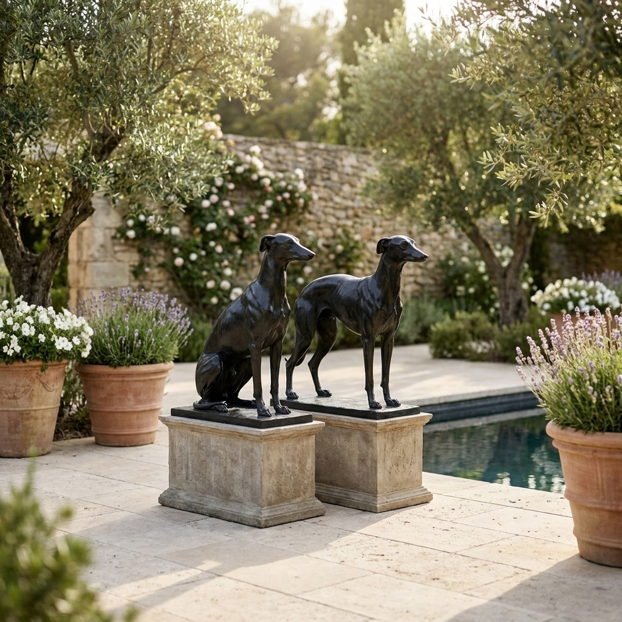 Life-Size Classical Recumbent Greyhound Pair Bronze Sculpture by Giant Sculptures on stone plinths beside a pool, framed by lavender, roses and olive trees.