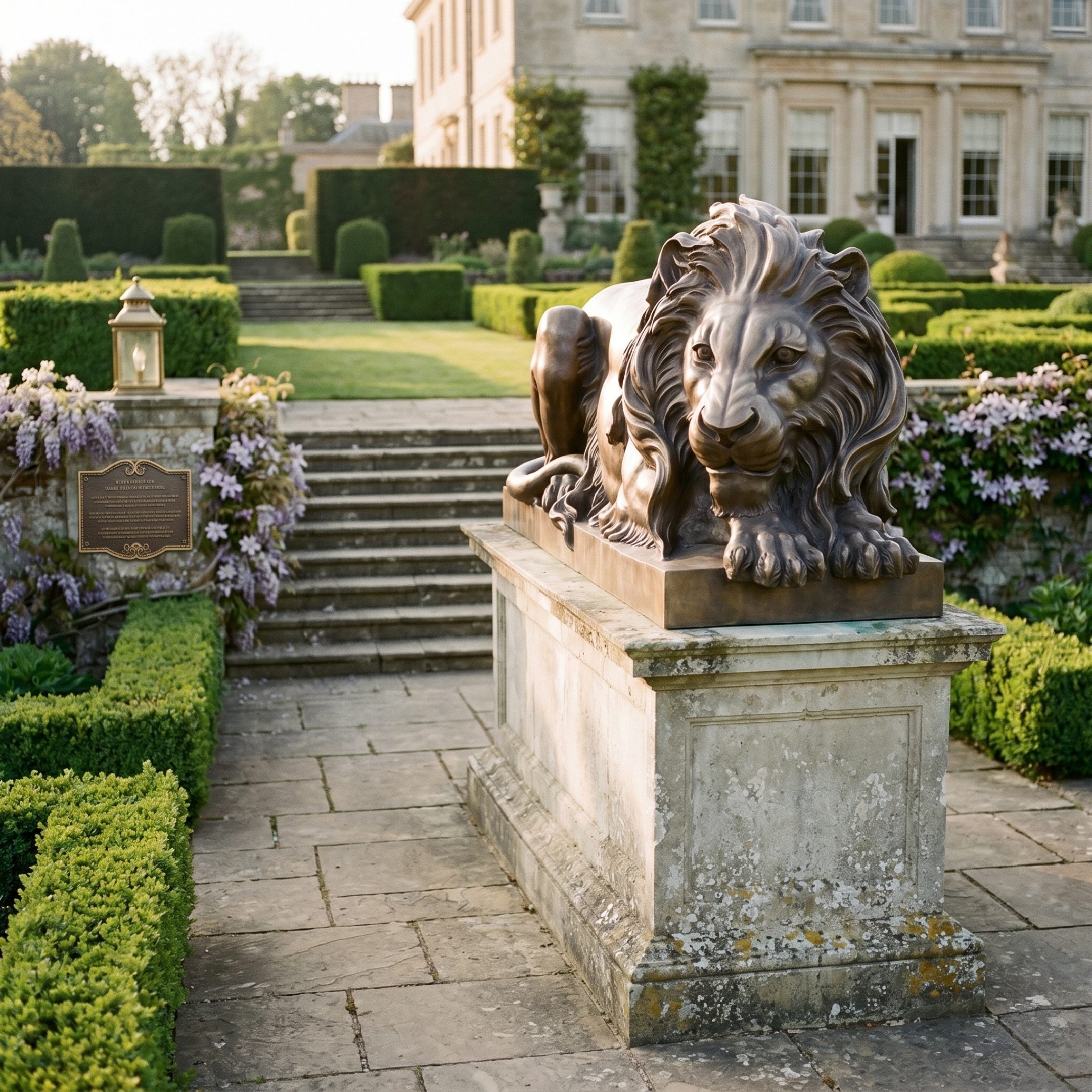 Giant Sculptures Life-Size Classical Recumbent Lion Bronze Sculpture 140cm on a weathered stone plinth beside steps in a formal manor garden at dusk.