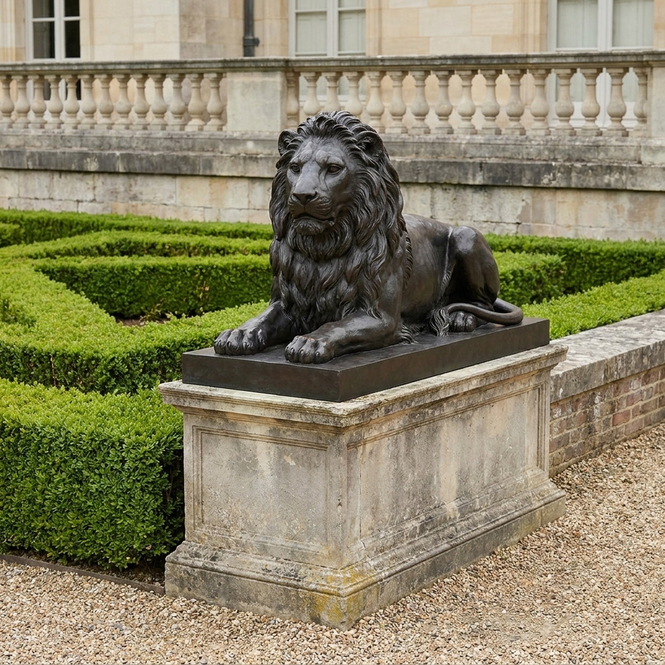 Life-Size Classical Recumbent Lion Bronze Sculpture by Giant Sculptures in dark patina, displayed on a stone plinth beside manicured hedges at a grand estate.