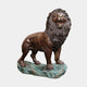 Life-Size Classical Roaring Male Lion Bronze Sculpture by Giant Sculptures, shown standing on a verdigris rocky oval base with dark brown patina mane.