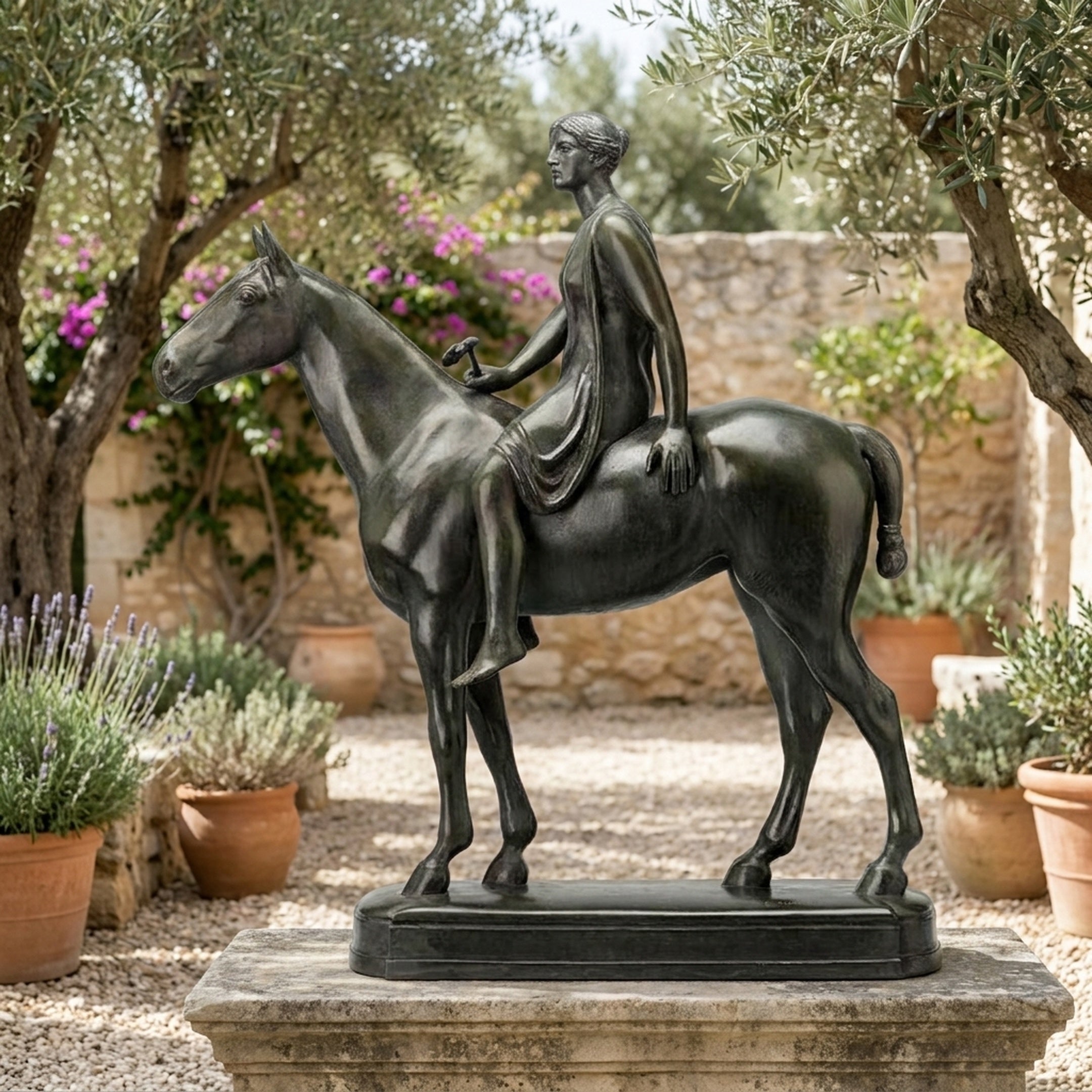 Life-Size Classical Robed Lady on Horse Bronze Sculpture by Giant Sculptures on a granite plinth in a Mediterranean garden with olive trees and lavender.