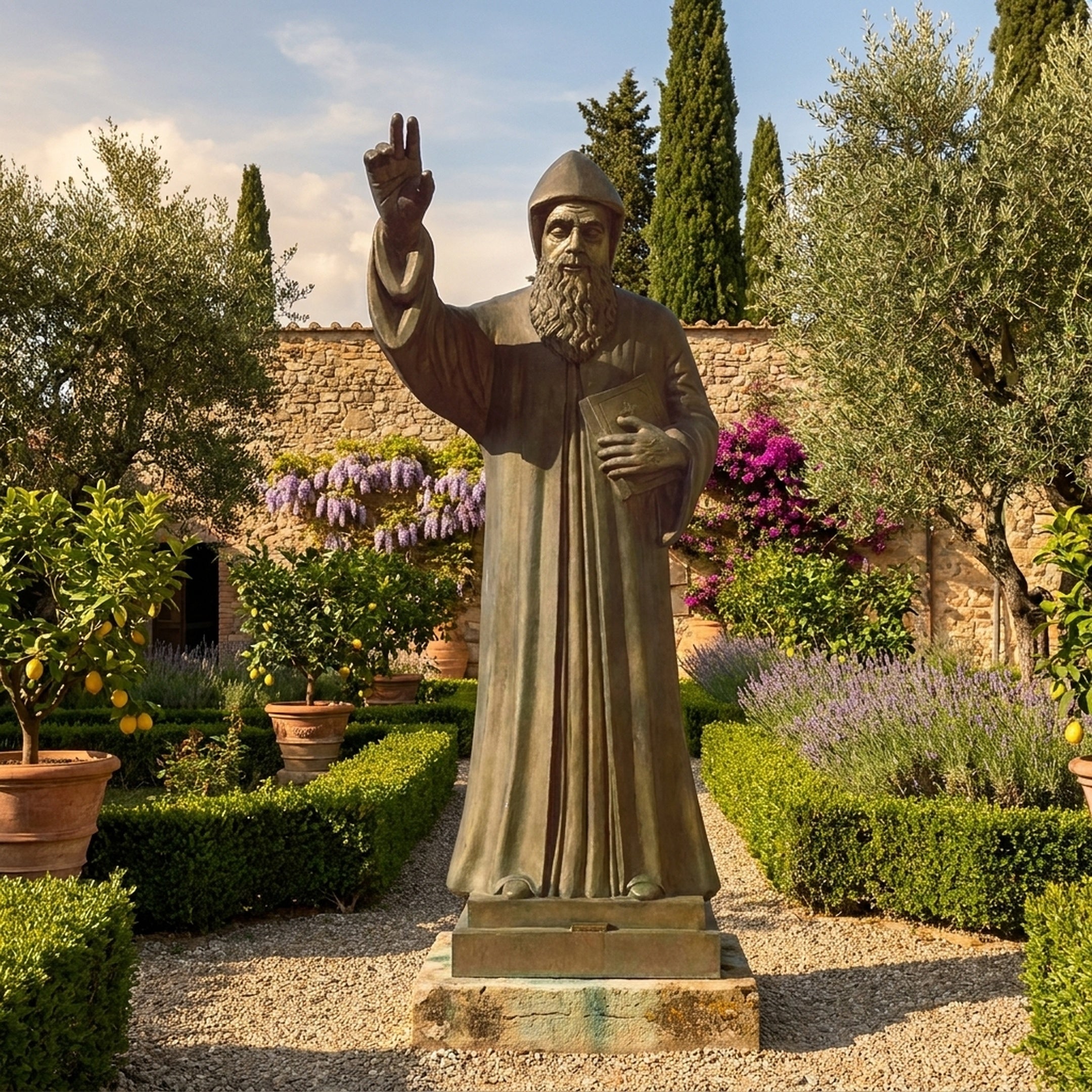 Life-Size Classical Robed Saint Bronze Statue by Giant Sculptures on a stone plinth in a Mediterranean garden with olive trees, lavender, and wisteria.