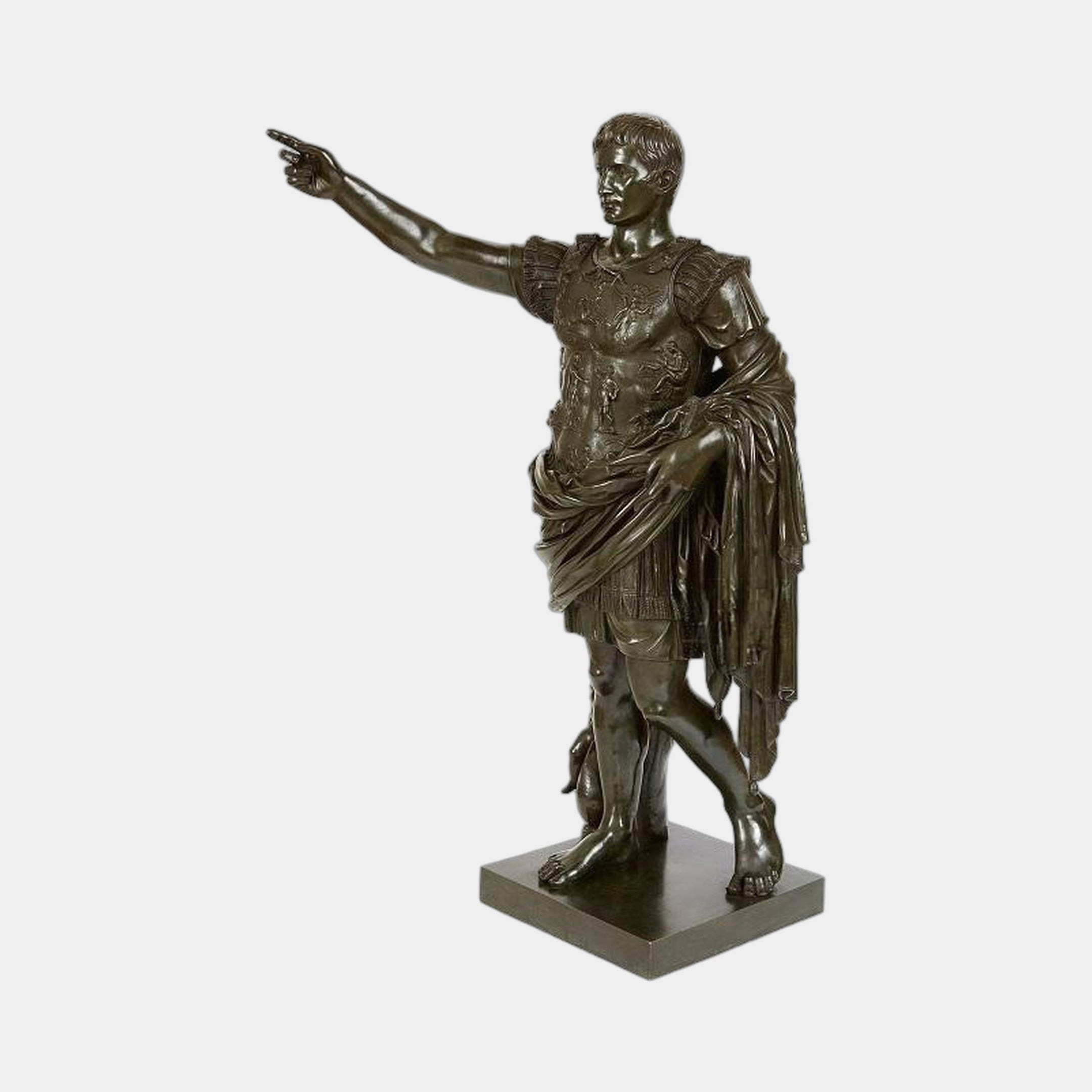 Life-Size Classical Roman Commander Bronze Statue by Giant Sculptures, side view with arm raised in command, dark patina, cupid at leg, square plinth.