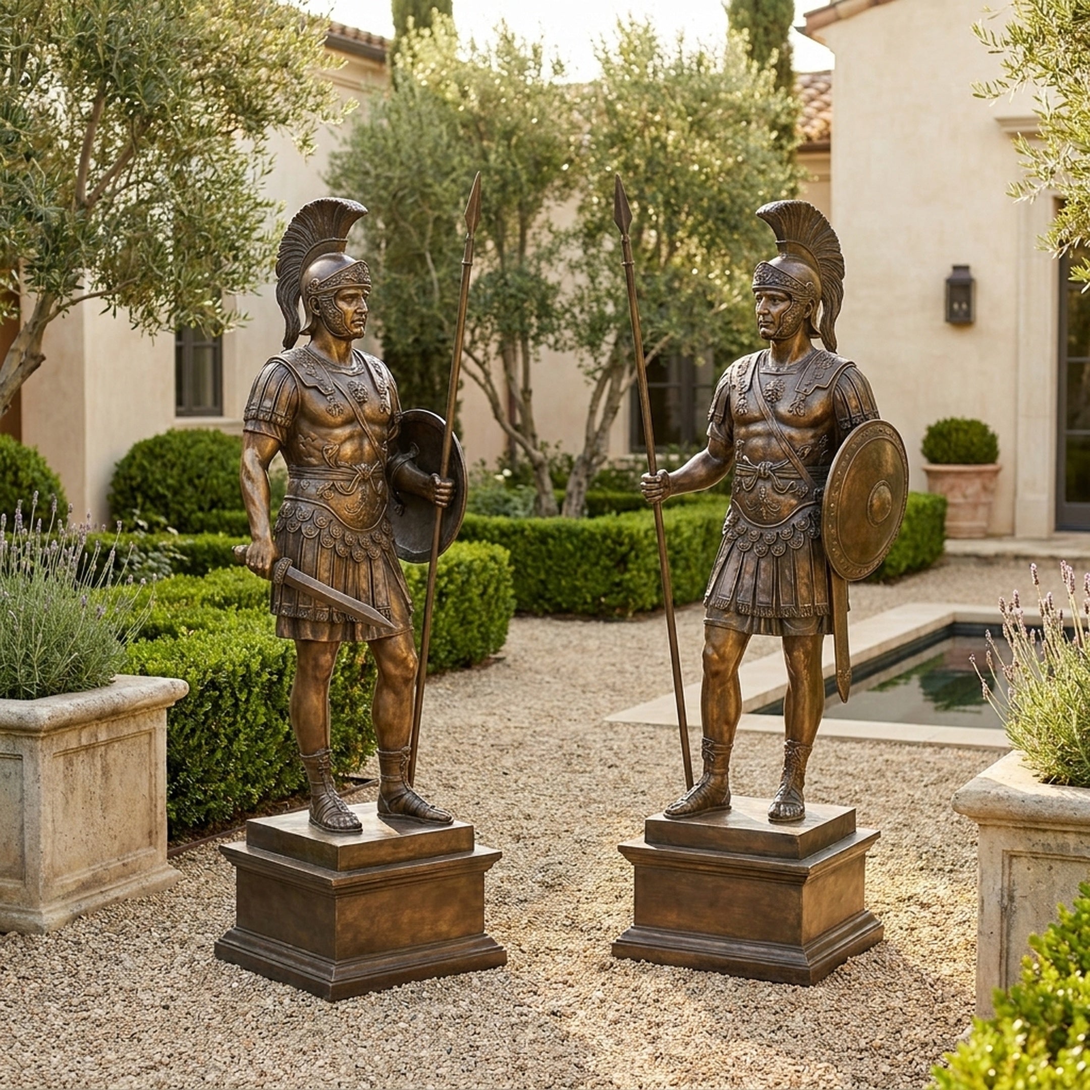 Life-Size Classical Roman Soldier Pair Bronze Sculpture by Giant Sculptures, 210cm warriors with spears and shields on plinths flanking a courtyard path.