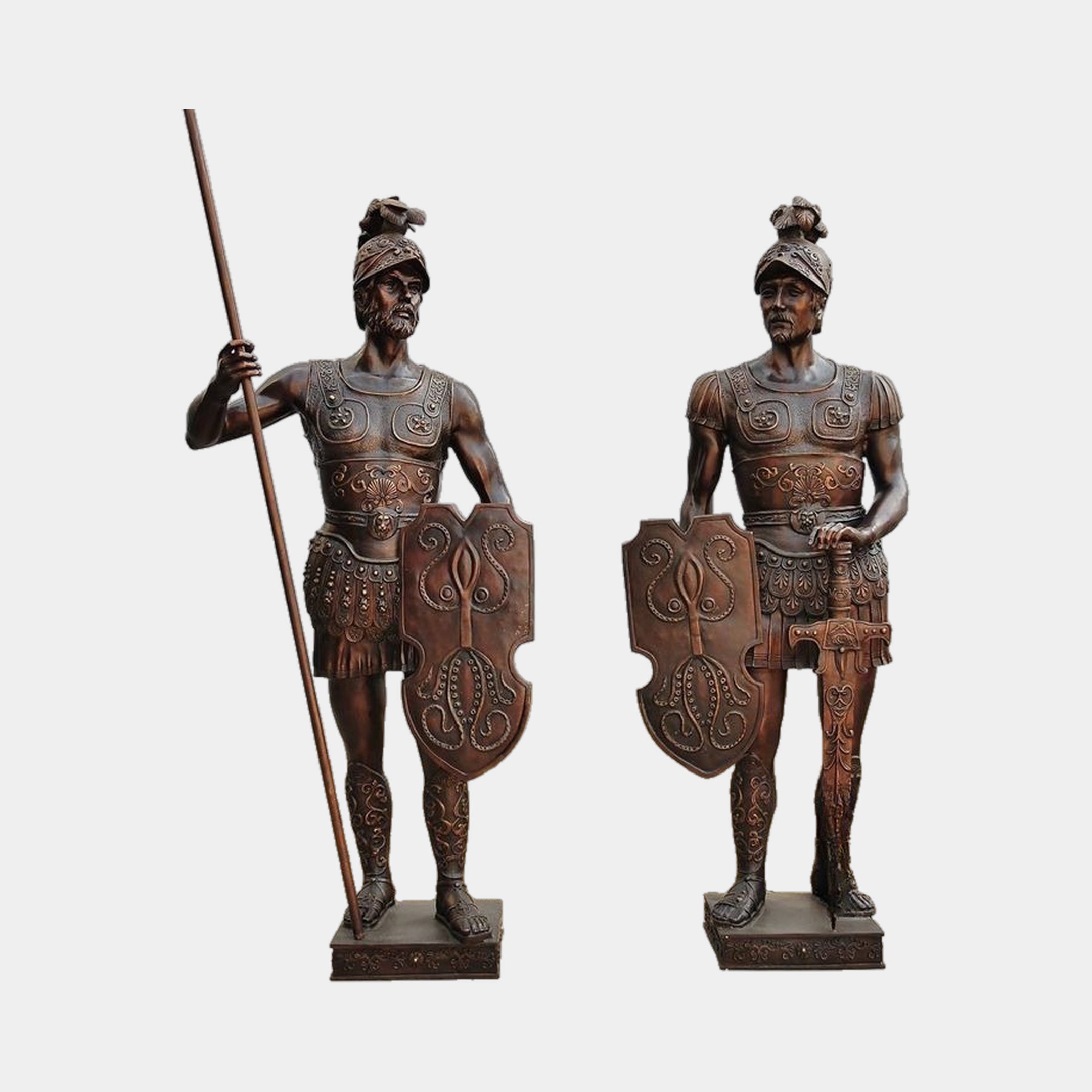 Life-Size Classical Roman Soldier Pair Bronze Sculpture by Giant Sculptures, 210cm warriors in plumed helmets with shields, spear and sword, warm reddish-brown patina.