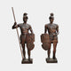 Life-Size Classical Roman Soldier Pair Bronze Sculpture by Giant Sculptures, 210cm warriors in plumed helmets with shields, spear and sword, warm reddish-brown patina.