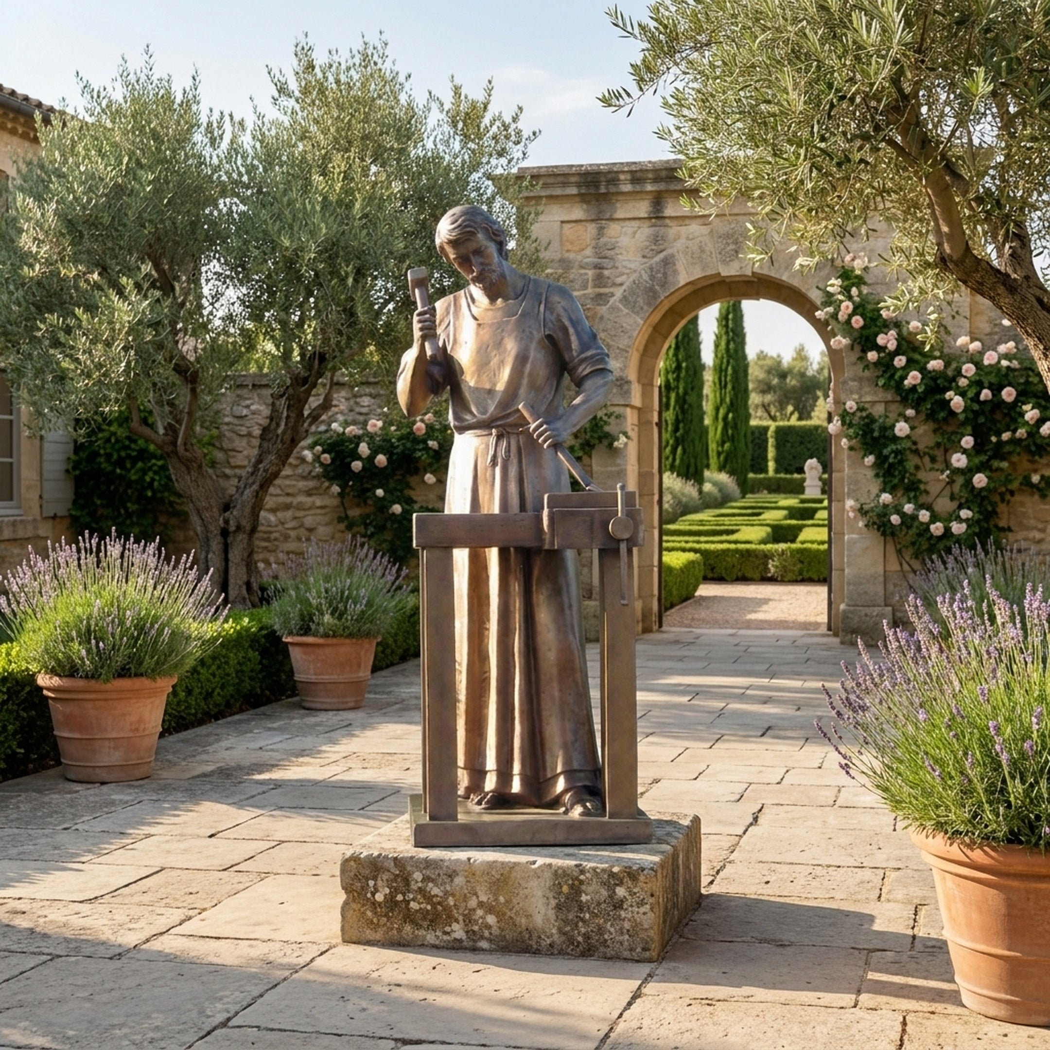 Life-Size Classical Saint Joseph the Worker Bronze Sculpture by Giant Sculptures on a granite plinth in a Mediterranean courtyard with lavender and olive trees.