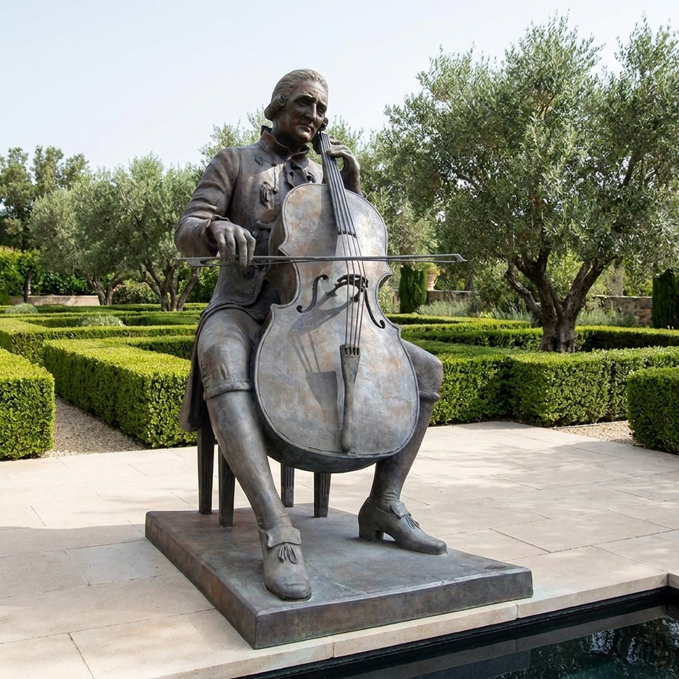 Giant Sculptures Life-Size Classical Seated Cellist Bronze Sculpture 200cm in period dress playing cello, aged patina finish, set on a garden terrace.
