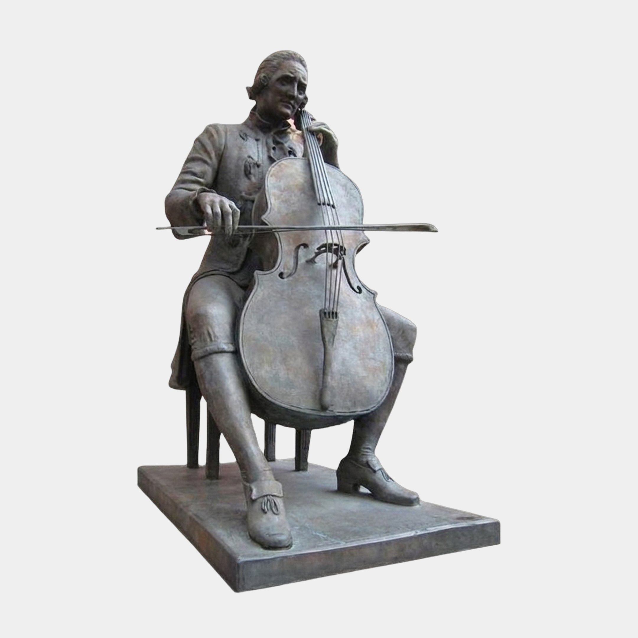 Life-Size Classical Seated Cellist Bronze Sculpture by Giant Sculptures, 200cm figure in 18th-century dress drawing a bow across the cello, shown on a plain background.