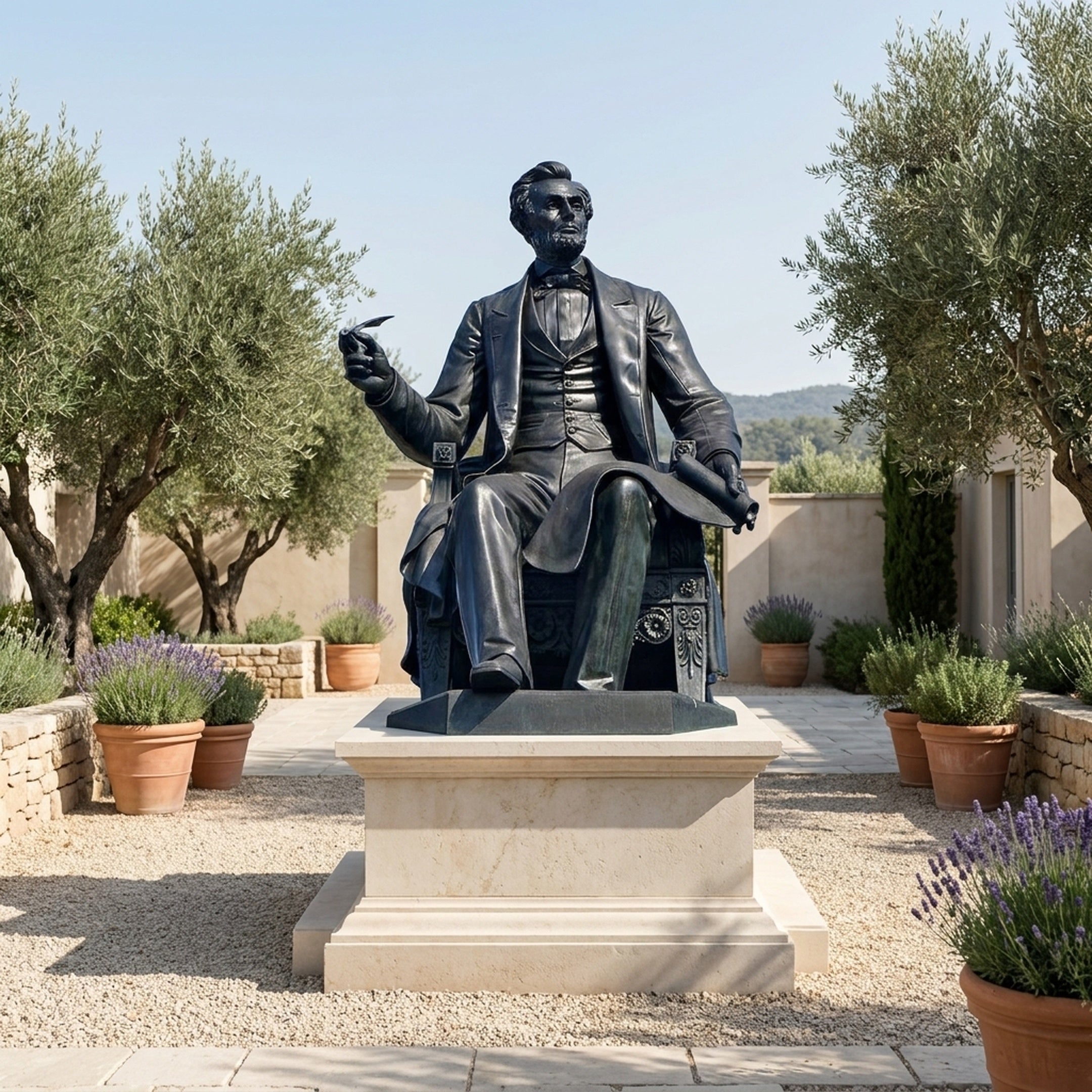 Giant Sculptures Life-Size Classical Seated Figure Bronze Statue on a stone plinth in a Mediterranean courtyard with olive trees, lavender, and potted shrubs.