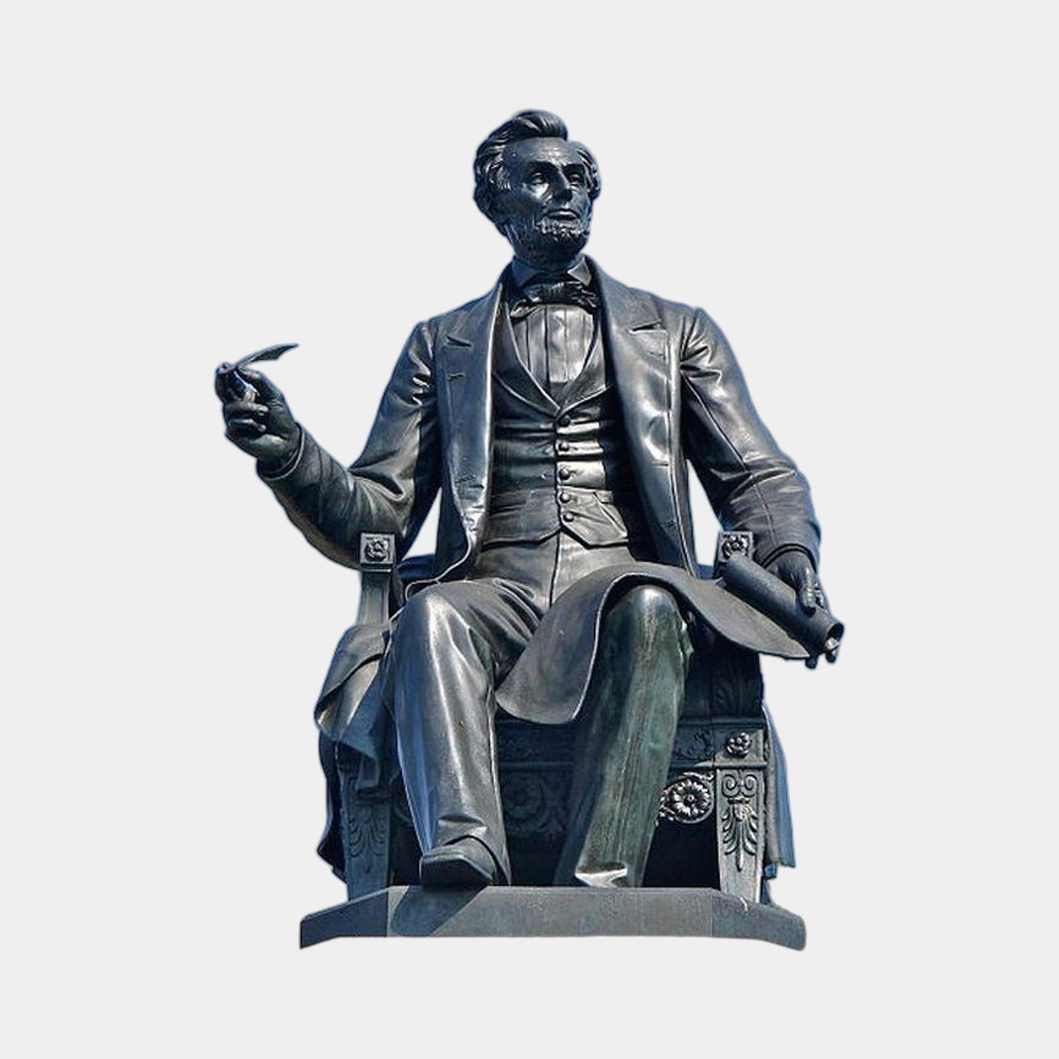 Life-Size Classical Seated Figure Bronze Statue 250cm by Giant Sculptures, bearded man in formal suit on ornate chair holding a quill, dark patina, plain background.