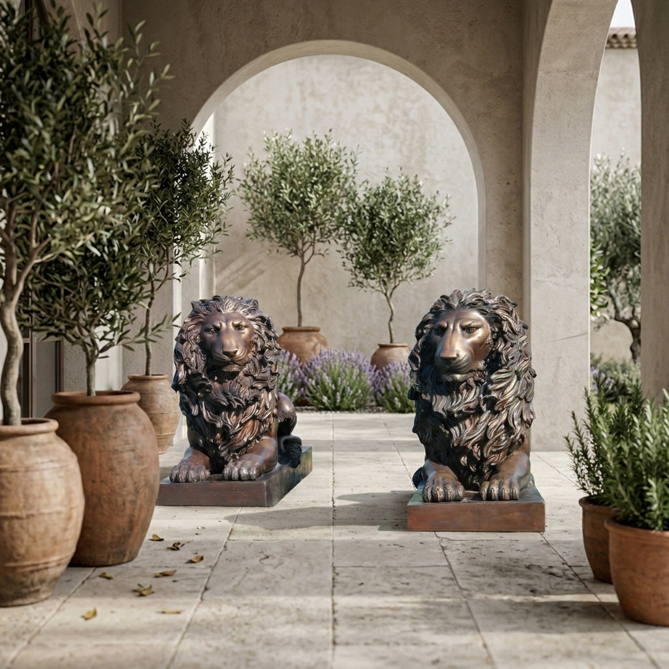Life-Size Classical Seated Lions Bronze Sculpture by Giant Sculptures displayed as a mirrored pair on a stone terrace with olive trees, terracotta pots, and arched stucco walls.