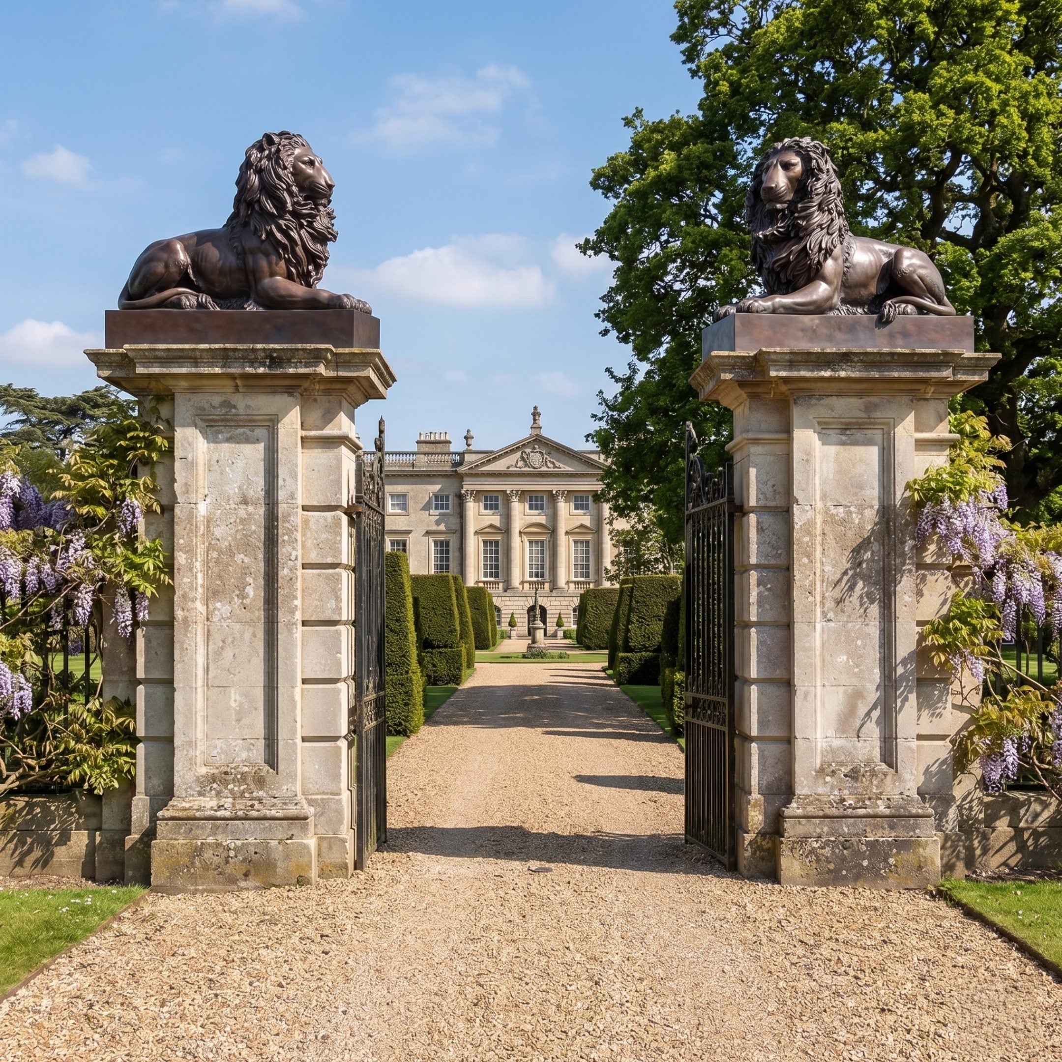 Life-Size Classical Seated Lions Bronze Sculpture by Giant Sculptures, mirrored pair with dark patina mounted on stone gate pillars framing a gravel drive to a manor.