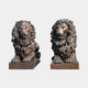 Giant Sculptures' Life-Size Classical Seated Lions Bronze Sculpture 110cm, a mirrored pair with antique bronze patina on square bases, on a plain background.