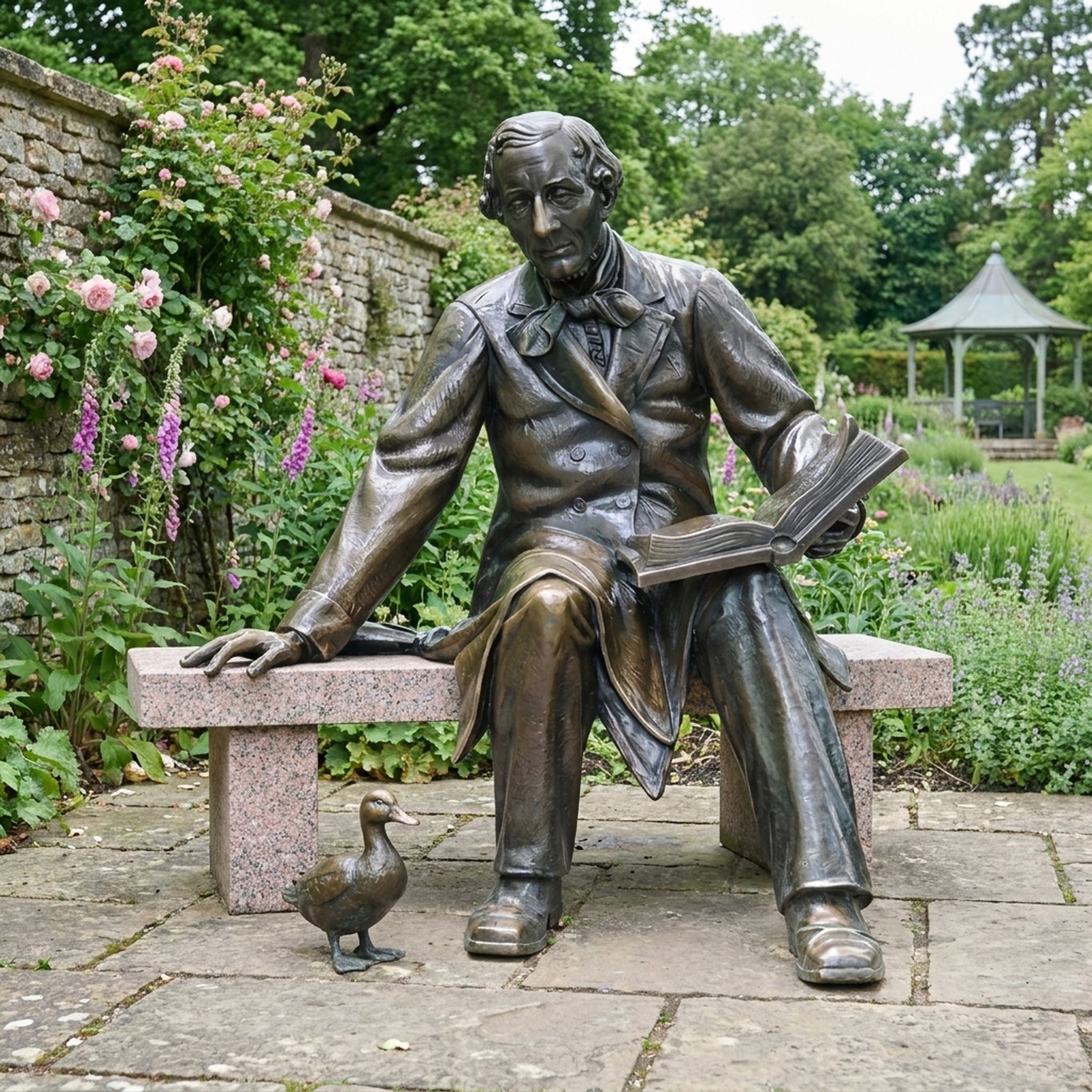 Life-Size Classical Seated Man Reading Bronze Sculpture by Giant Sculptures, 210cm Victorian figure on a granite bench with a small duck, in a rose garden.