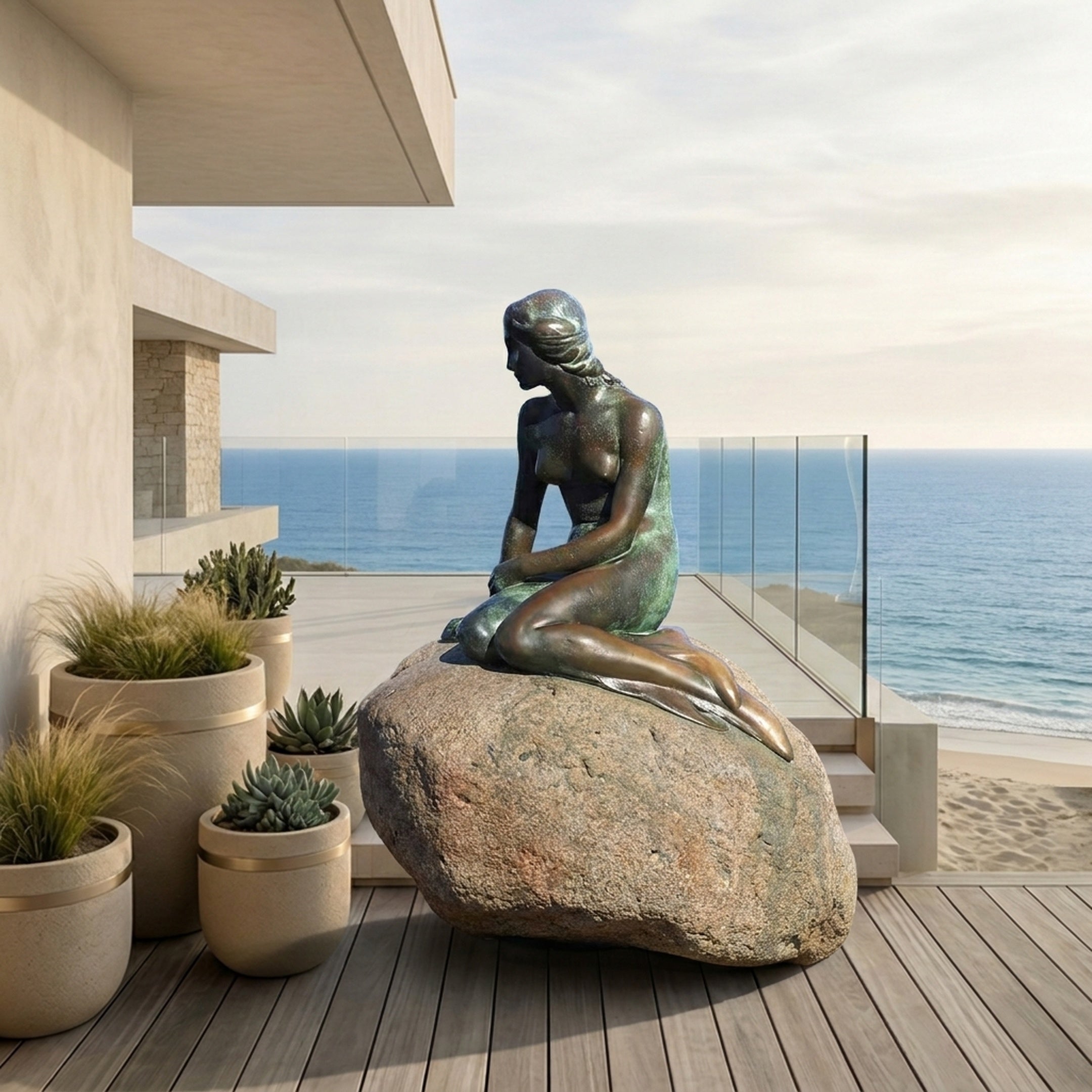 Life-Size Classical Seated Mermaid Bronze Sculpture by Giant Sculptures with verdigris patina, displayed on a granite boulder on a coastal terrace overlooking the sea.