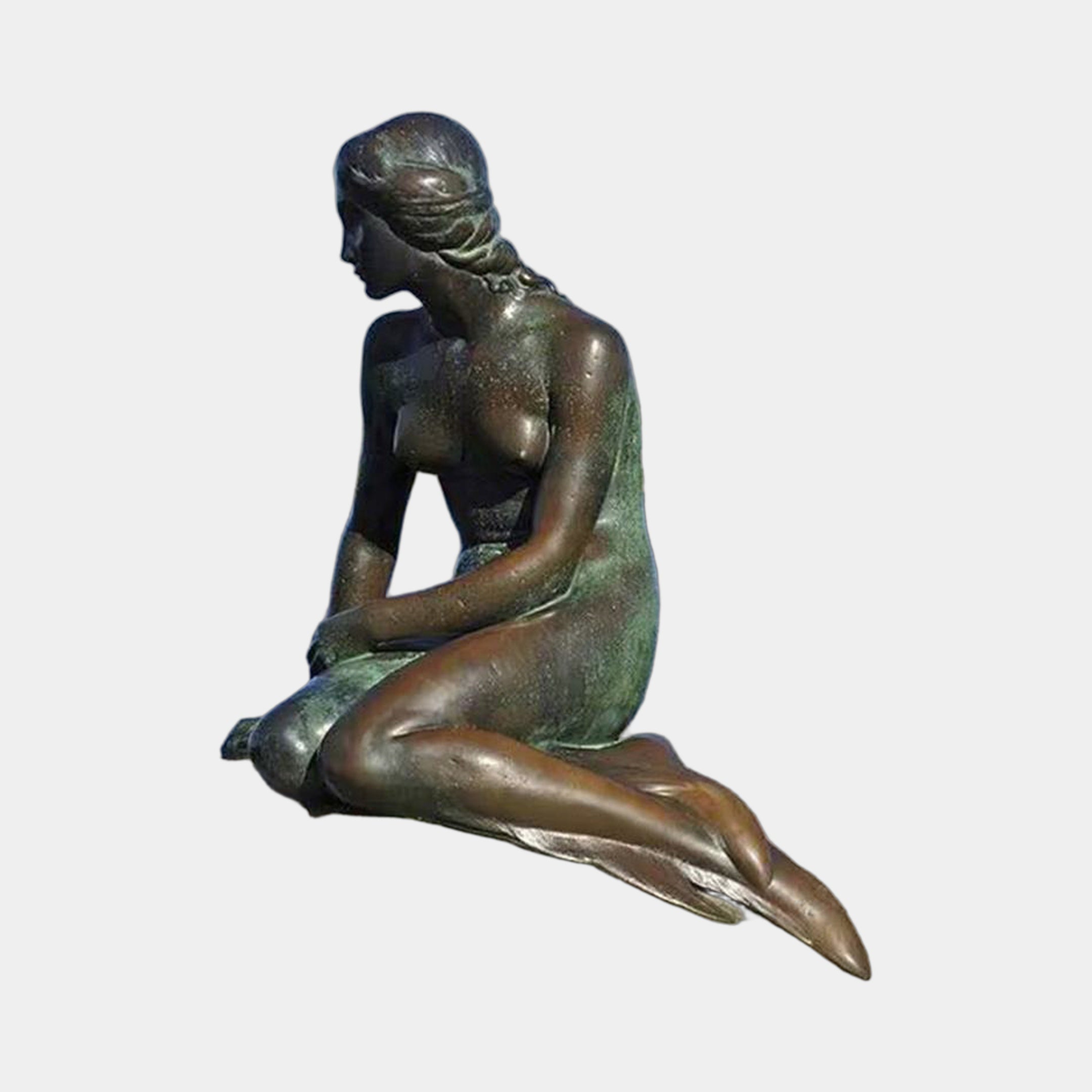 Life-Size Classical Seated Mermaid Bronze Sculpture by Giant Sculptures, side view of the figure with antique brown and verdigris patina against a plain background.
