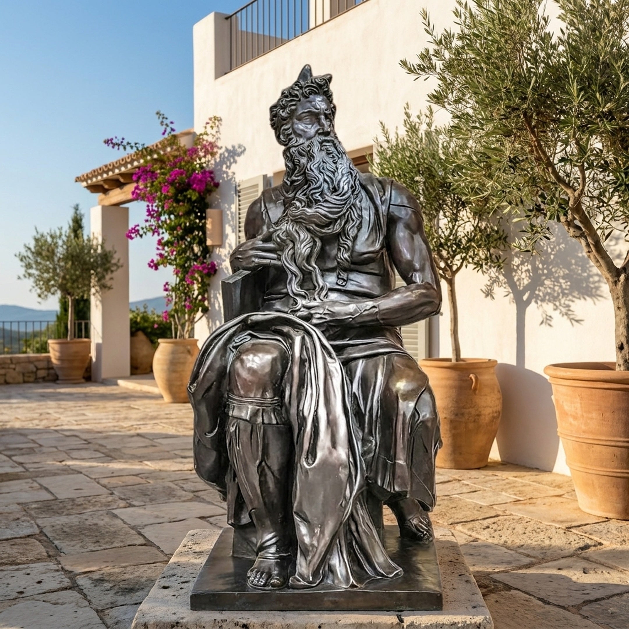 Life-Size Classical Seated Moses Bronze Statue by Giant Sculptures with dark patina, displayed on a stone courtyard beside olive trees and terracotta pots.