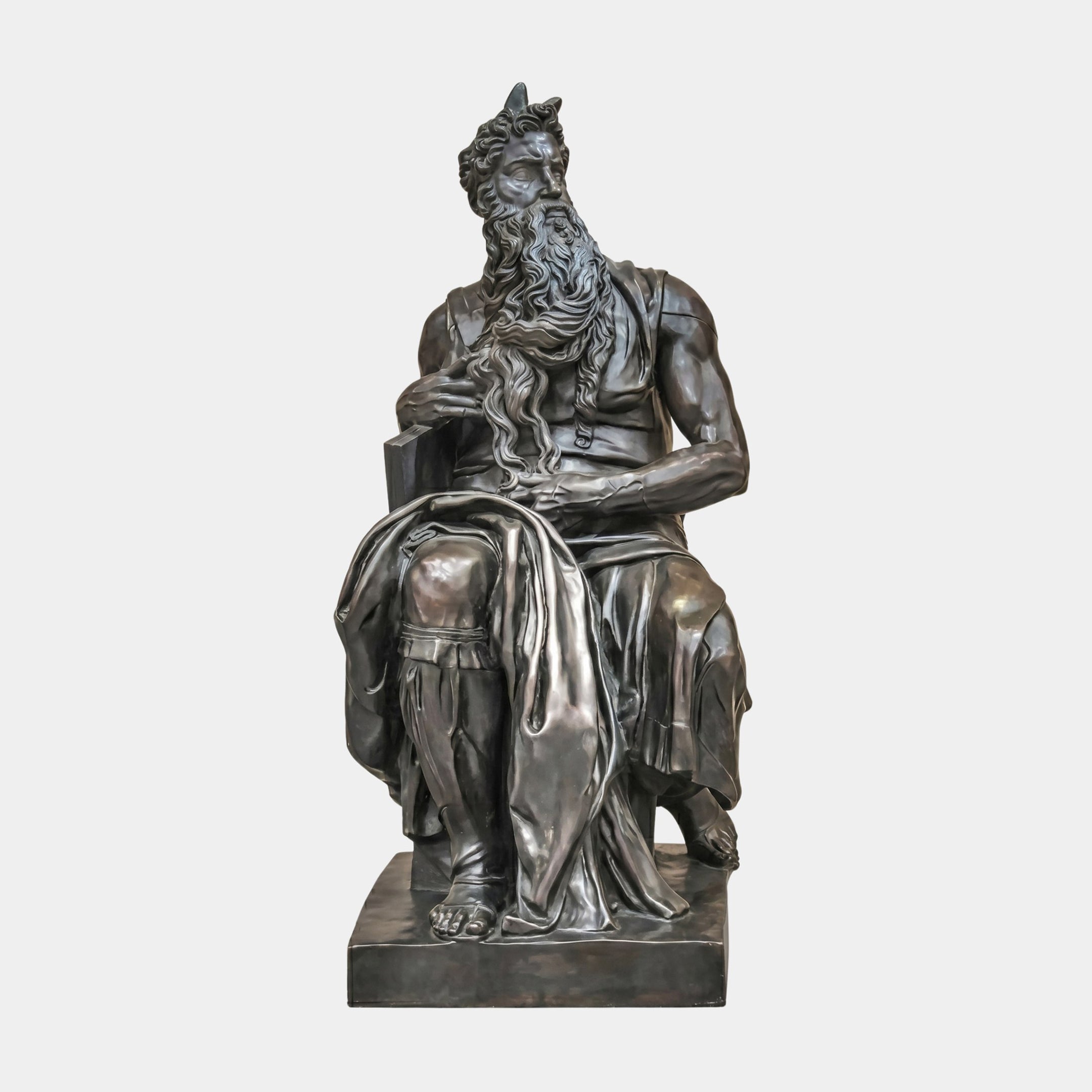 Life-Size Classical Seated Moses Bronze Statue by Giant Sculptures, 220cm dark-patina figure with horns, flowing beard and tablet, shown against a plain background.
