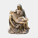 Giant Sculptures' Life-Size Classical Seated Pietà Bronze Sculpture in warm golden-brown patina, showing the veiled female figure cradling the male figure, on a plain grey background.