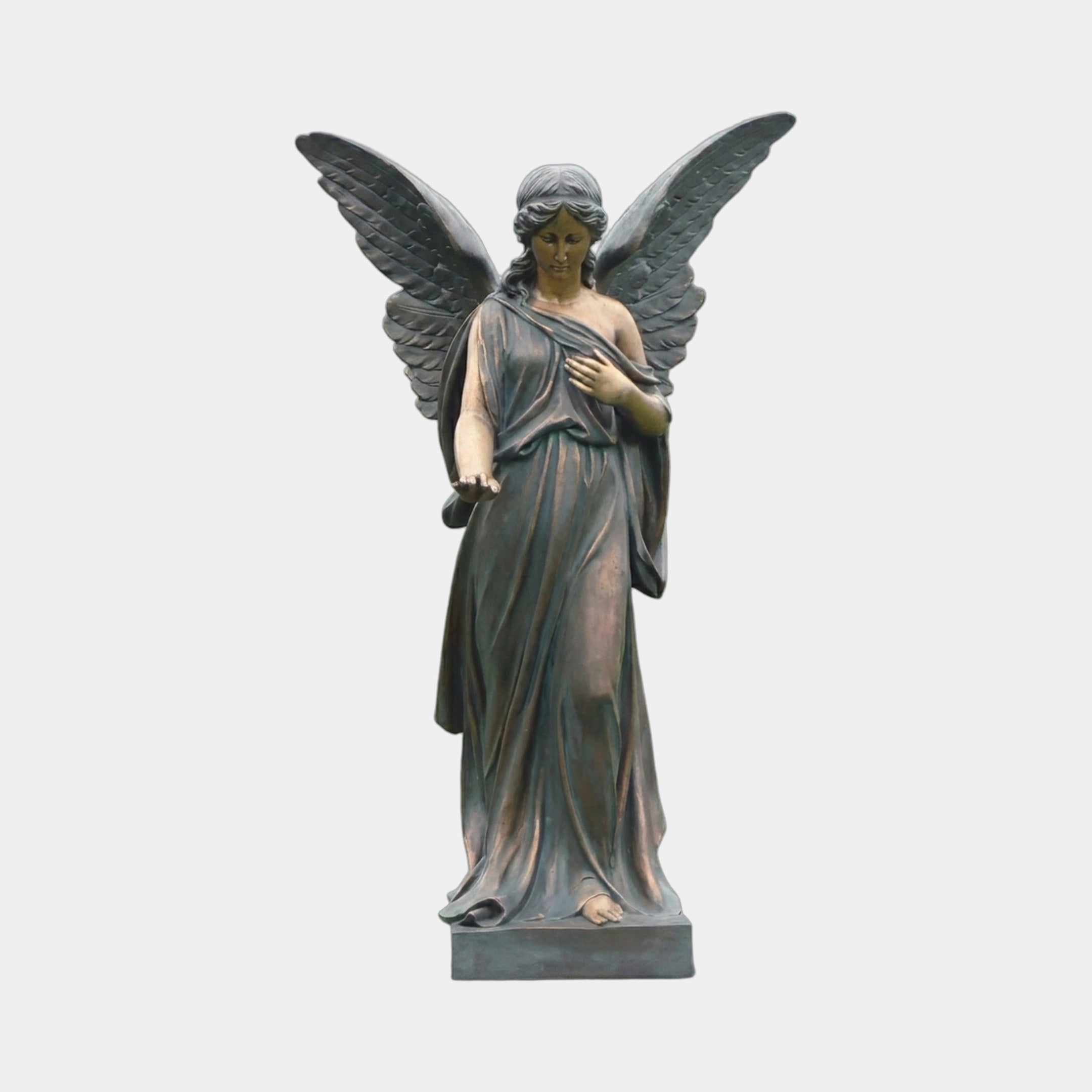 Life-Size Classical Standing Angel Bronze Sculpture by Giant Sculptures, front view with wings spread, draped robe and dark patina, on a plain grey background.