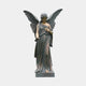 Life-Size Classical Standing Angel Bronze Sculpture by Giant Sculptures, front view with wings spread, draped robe and dark patina, on a plain grey background.
