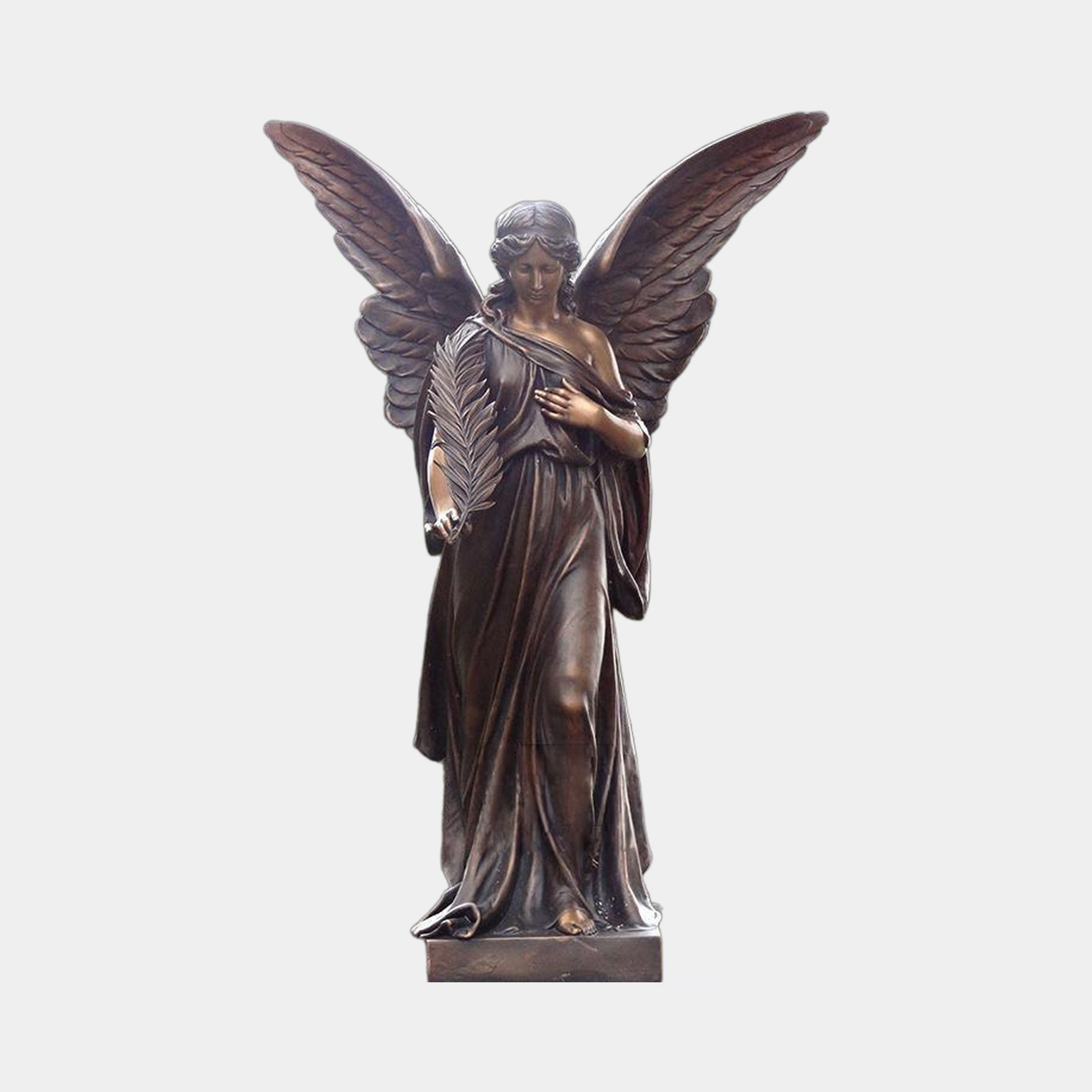 Life-Size Classical Standing Angel Bronze Sculpture by Giant Sculptures, 220cm, with wings spread wide, holding a palm frond, warm brown patina, plain grey background.