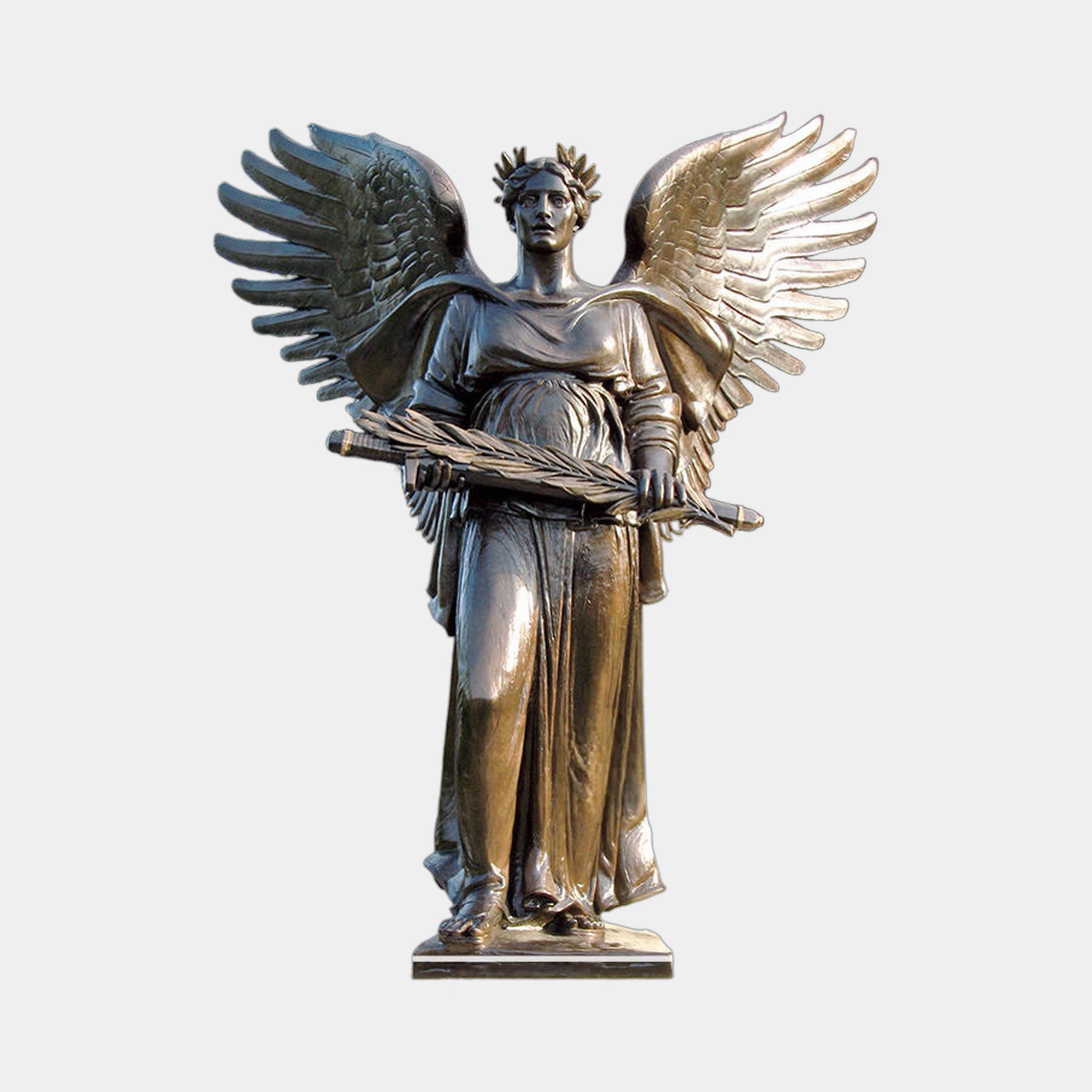 Life-Size Classical Standing Angel Bronze Sculpture by Giant Sculptures with raised wings, laurel crown, palm frond and sword, warm brown and gold patina.