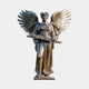 Life-Size Classical Standing Angel Bronze Sculpture by Giant Sculptures with raised wings, laurel crown, palm frond and sword, warm brown and gold patina.
