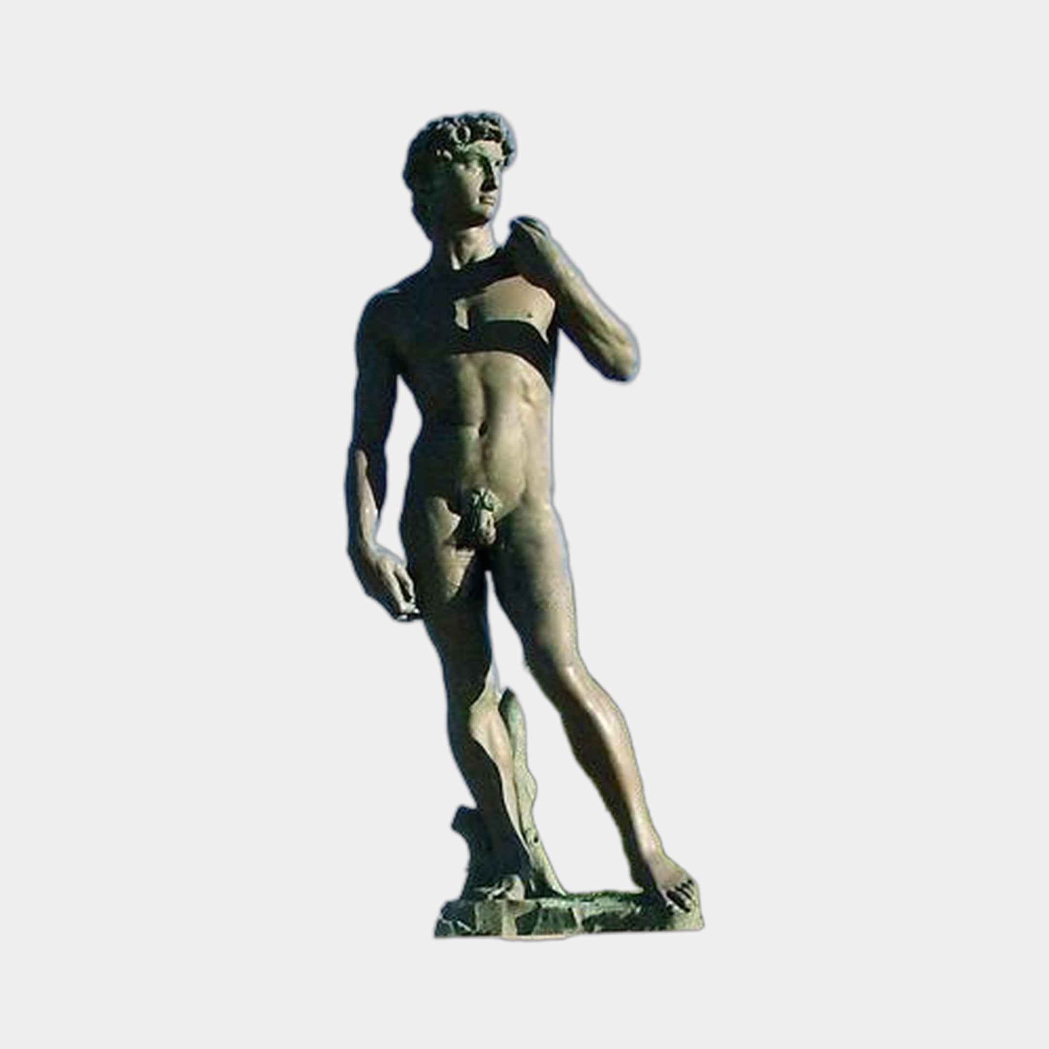 Life-Size Classical Standing David Bronze Statue from Giant Sculptures, 300cm cast bronze figure in contrapposto pose with dark patina on a plain background.