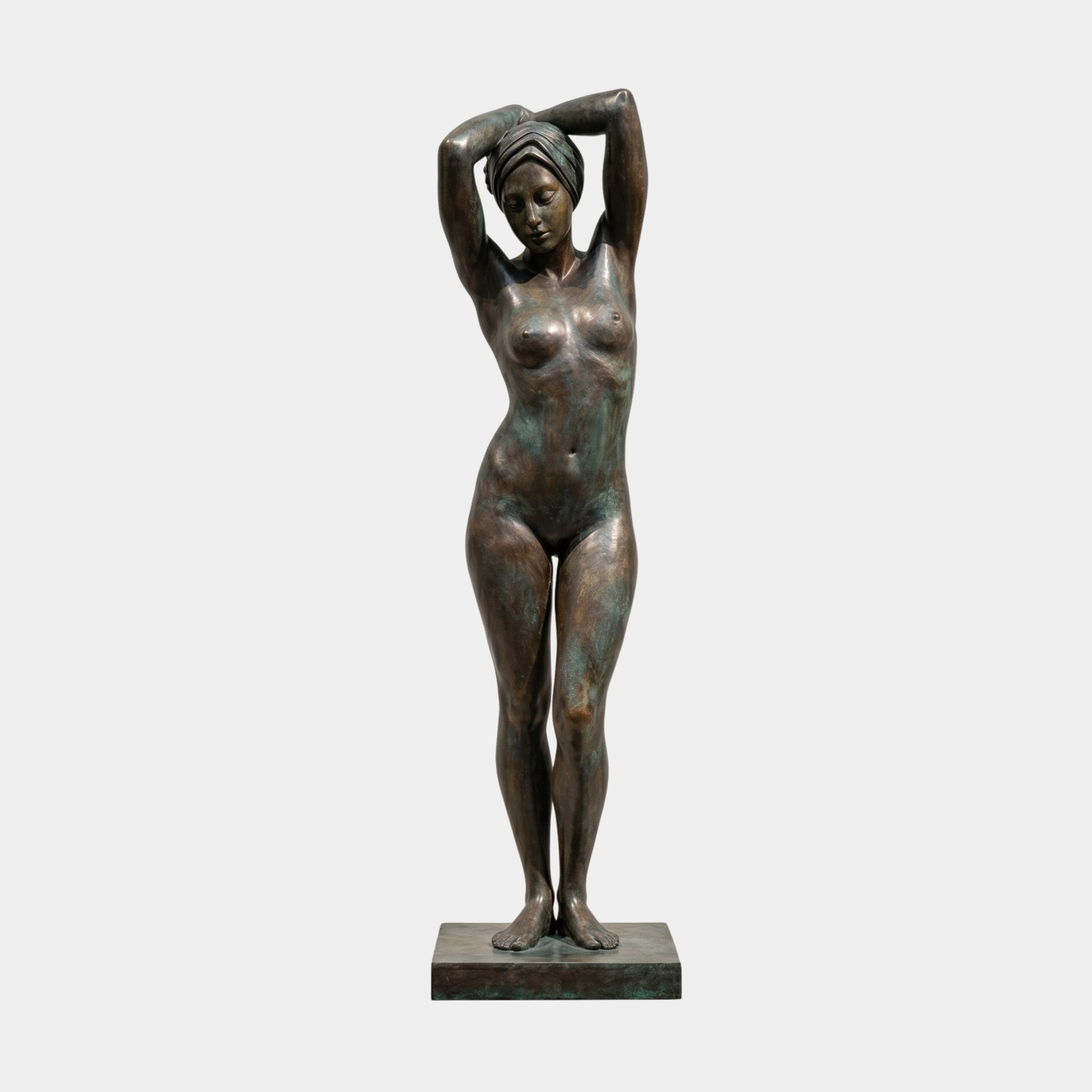Life-Size Classical Standing Female Nude Bronze Sculpture by Giant Sculptures, arms raised over a head wrap, dark patina with verdigris, on a plain background.