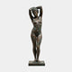Life-Size Classical Standing Female Nude Bronze Sculpture by Giant Sculptures, arms raised over a head wrap, dark patina with verdigris, on a plain background.