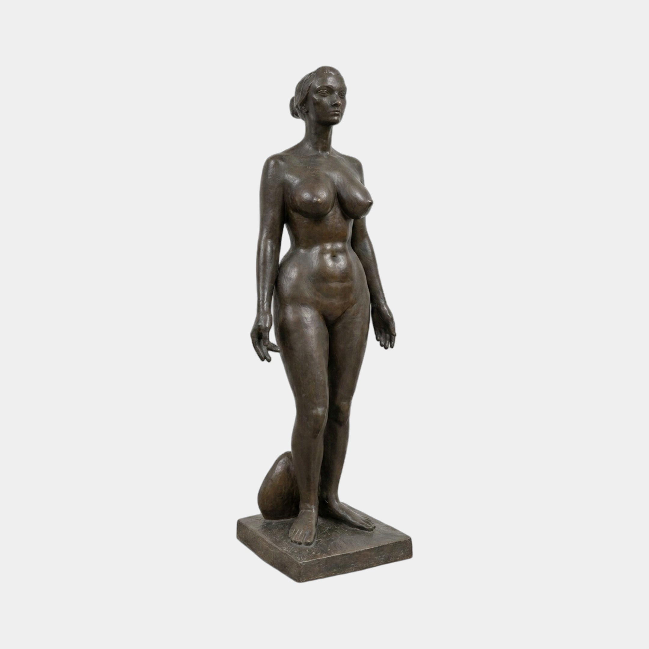 Giant Sculptures Life-Size Classical Standing Nude Female Bronze Sculpture, 190cm, dark brown patina, sphere at feet, square base, plain background.