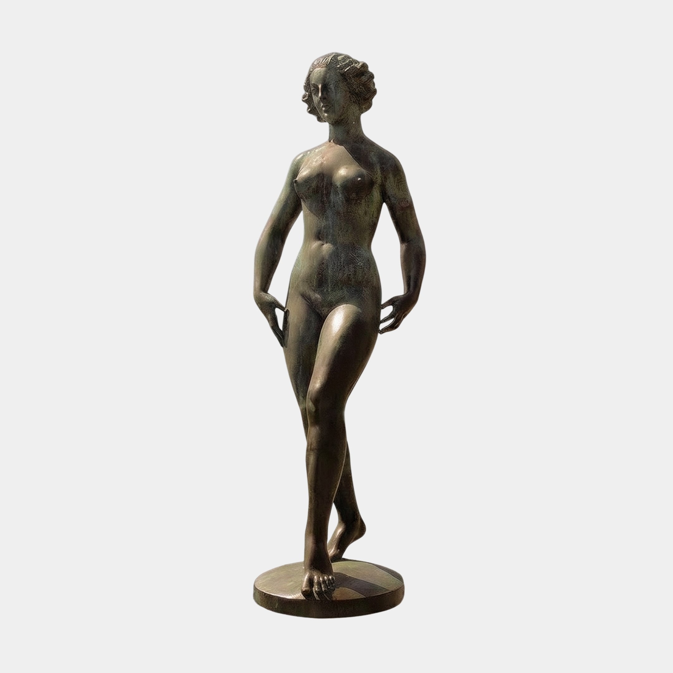 Life-Size Classical Standing Nude Female Bronze Sculpture by Giant Sculptures in contrapposto pose with verdigris patina, shown against a plain light background.