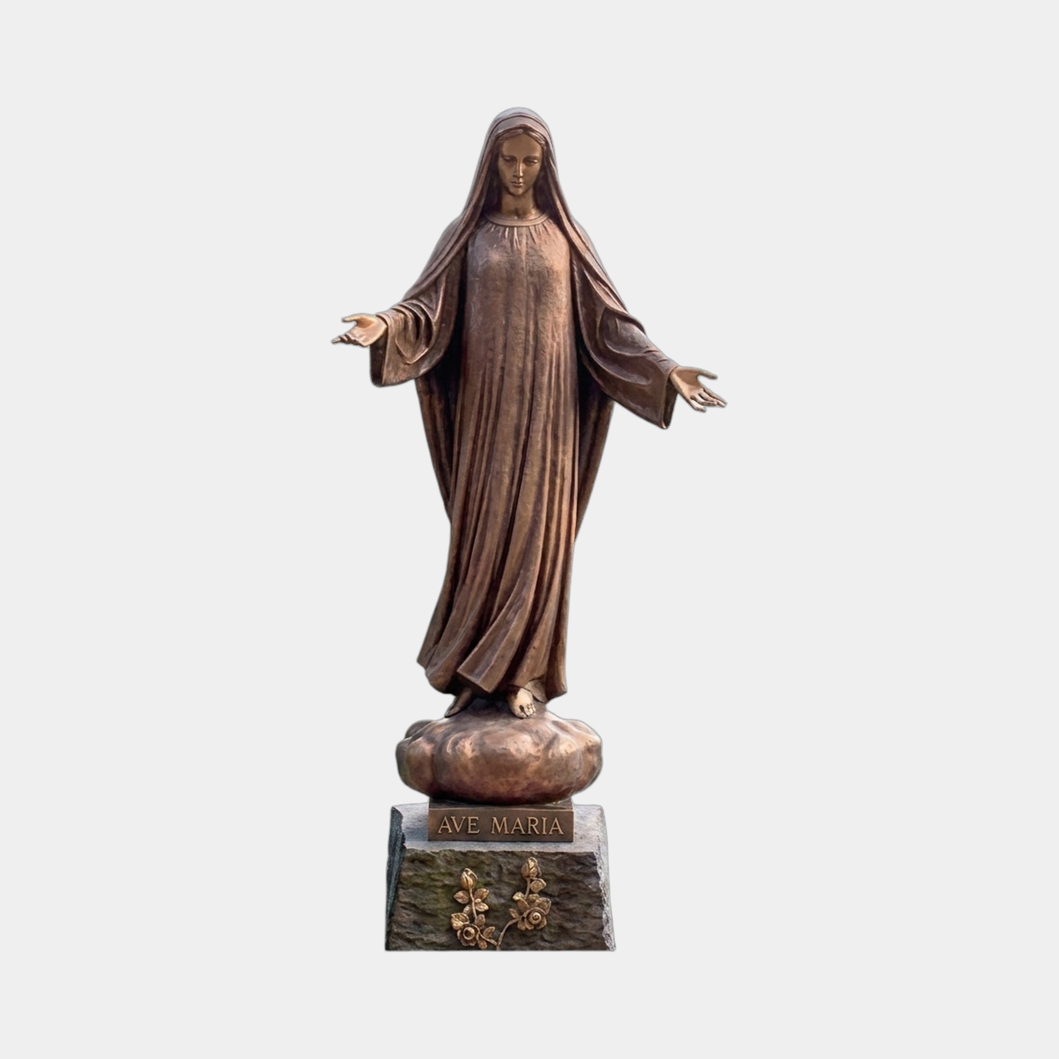 Life-Size Classical Standing Virgin Mary Bronze Statue by Giant Sculptures, robed figure with arms outstretched on a granite pedestal inscribed AVE MARIA.
