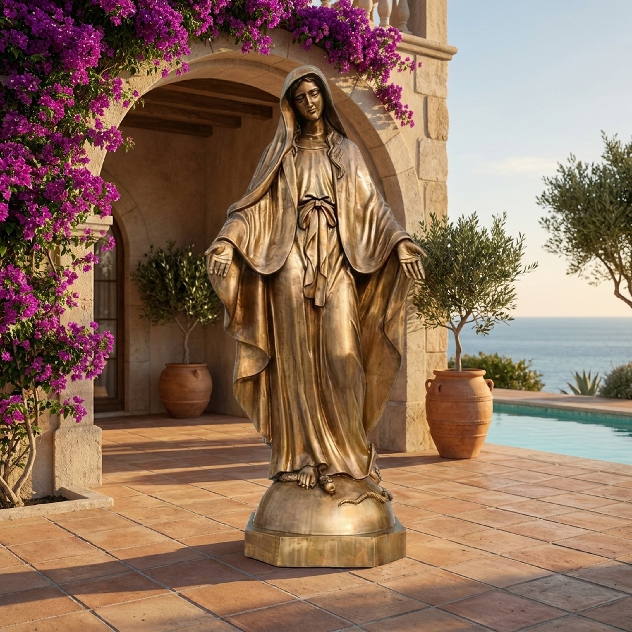 Life-Size Classical Virgin Mary Bronze Statue 220cm by Giant Sculptures in golden patina, arms open in blessing, on Mediterranean terrace with bougainvillea and sea view.