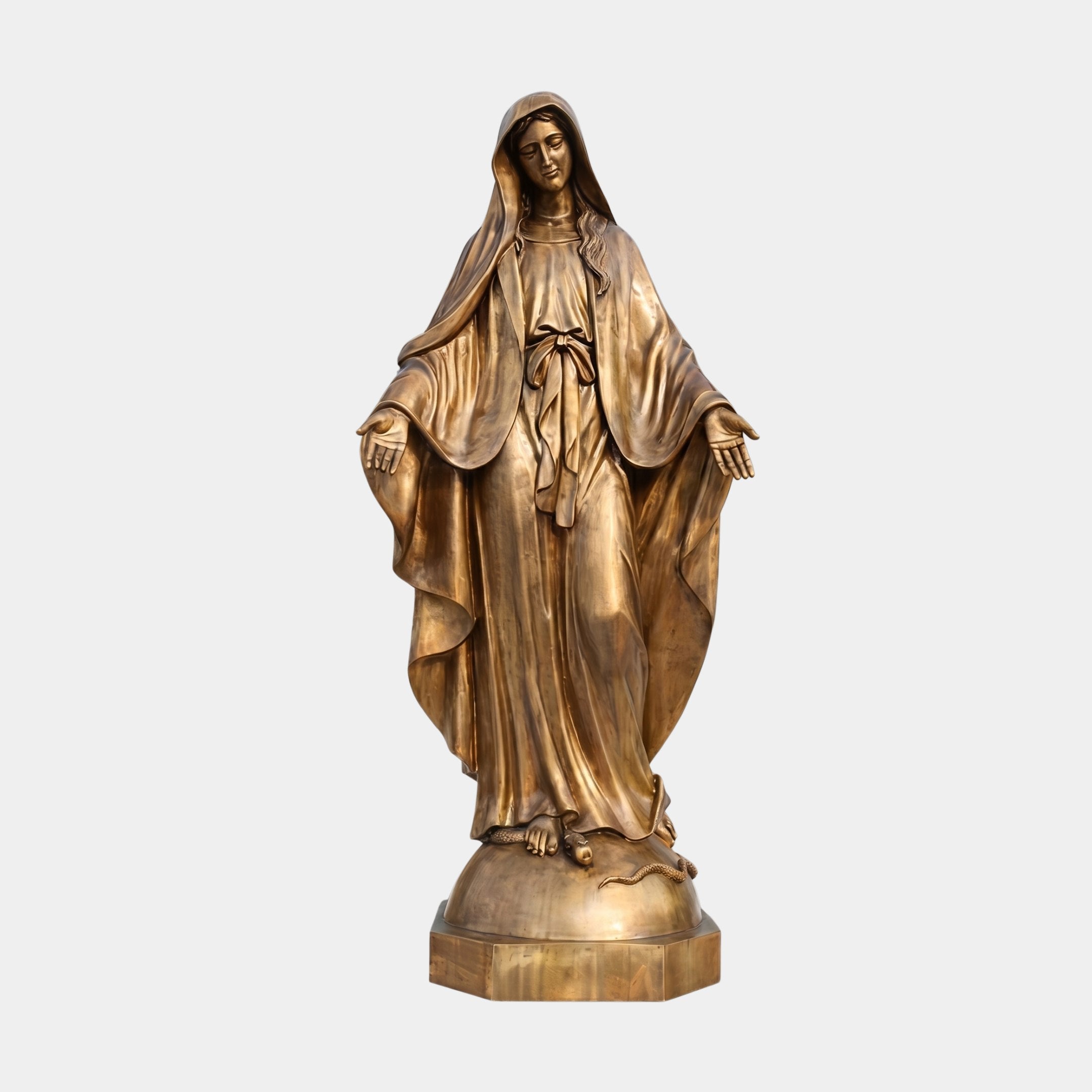 Life-Size Classical Virgin Mary Bronze Statue by Giant Sculptures, 220cm, shown front-facing with arms open and head bowed, golden-brown patina, on a domed plinth base.