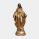 Life-Size Classical Virgin Mary Bronze Statue by Giant Sculptures, 220cm, shown front-facing with arms open and head bowed, golden-brown patina, on a domed plinth base.