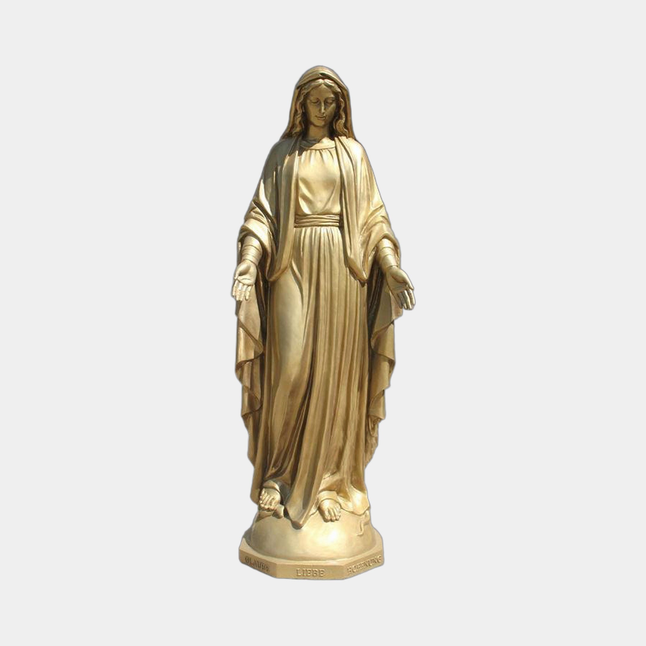 Life-Size Classical Virgin Mary Bronze Statue by Giant Sculptures in a gold finish, arms open in welcome on a hexagonal inscribed plinth, plain grey background.