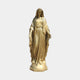 Life-Size Classical Virgin Mary Bronze Statue by Giant Sculptures in a gold finish, arms open in welcome on a hexagonal inscribed plinth, plain grey background.