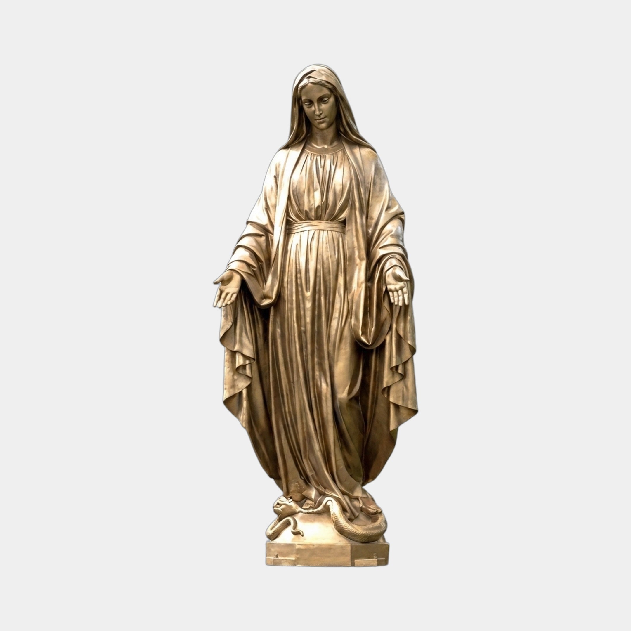 Life-Size Classical Virgin Mary Bronze Statue 300cm by Giant Sculptures, frontal view in flowing robes with open palms and a serpent beneath her feet.
