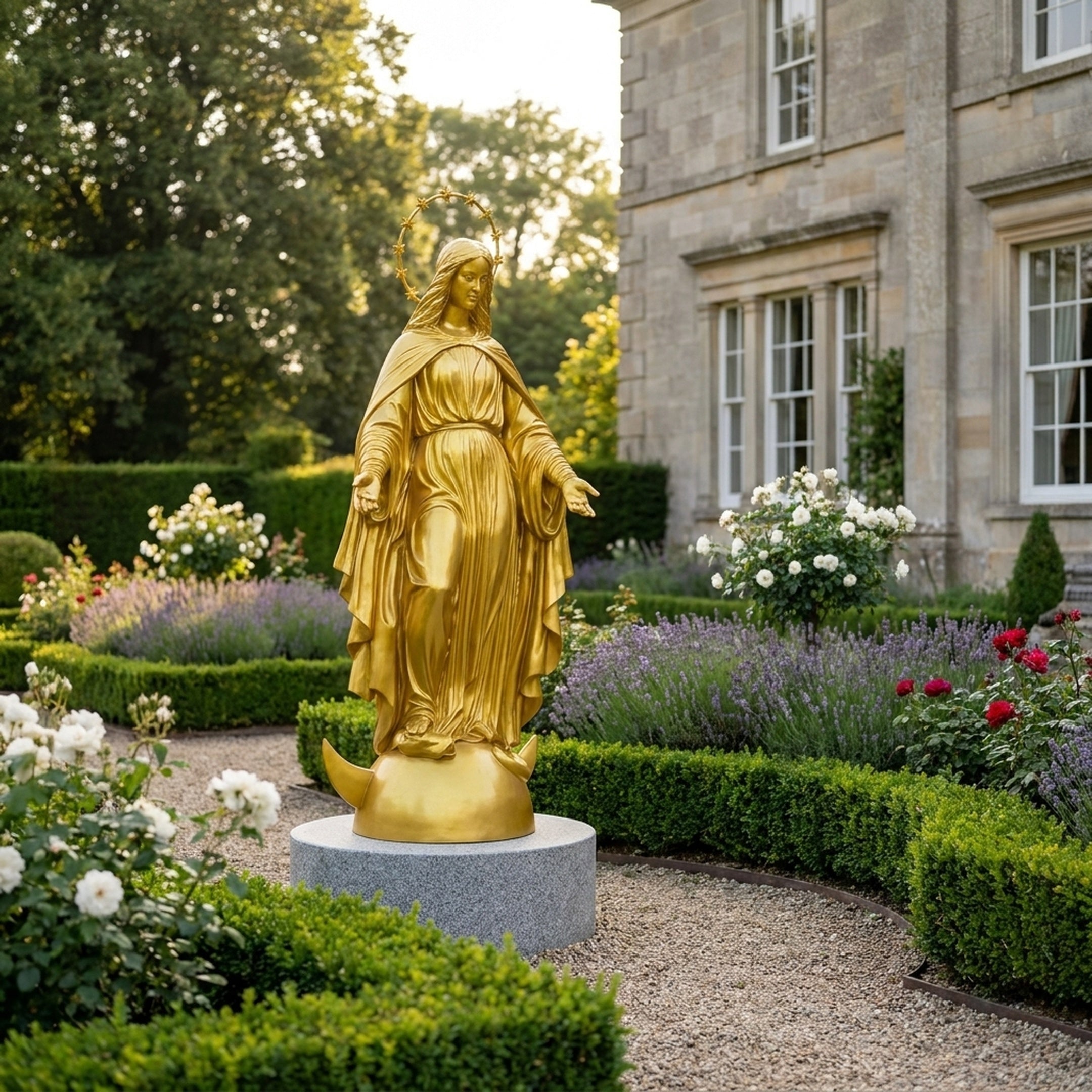 Life-Size Classical Virgin Mary Standing on Crescent Moon Bronze Statue in gold finish on a granite plinth in a formal garden with lavender and roses.