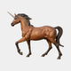 Life-Size Classical Walking Unicorn Bronze Sculpture by Giant Sculptures in reddish-brown patina with black mane and tail and pale spiral horn, side view.