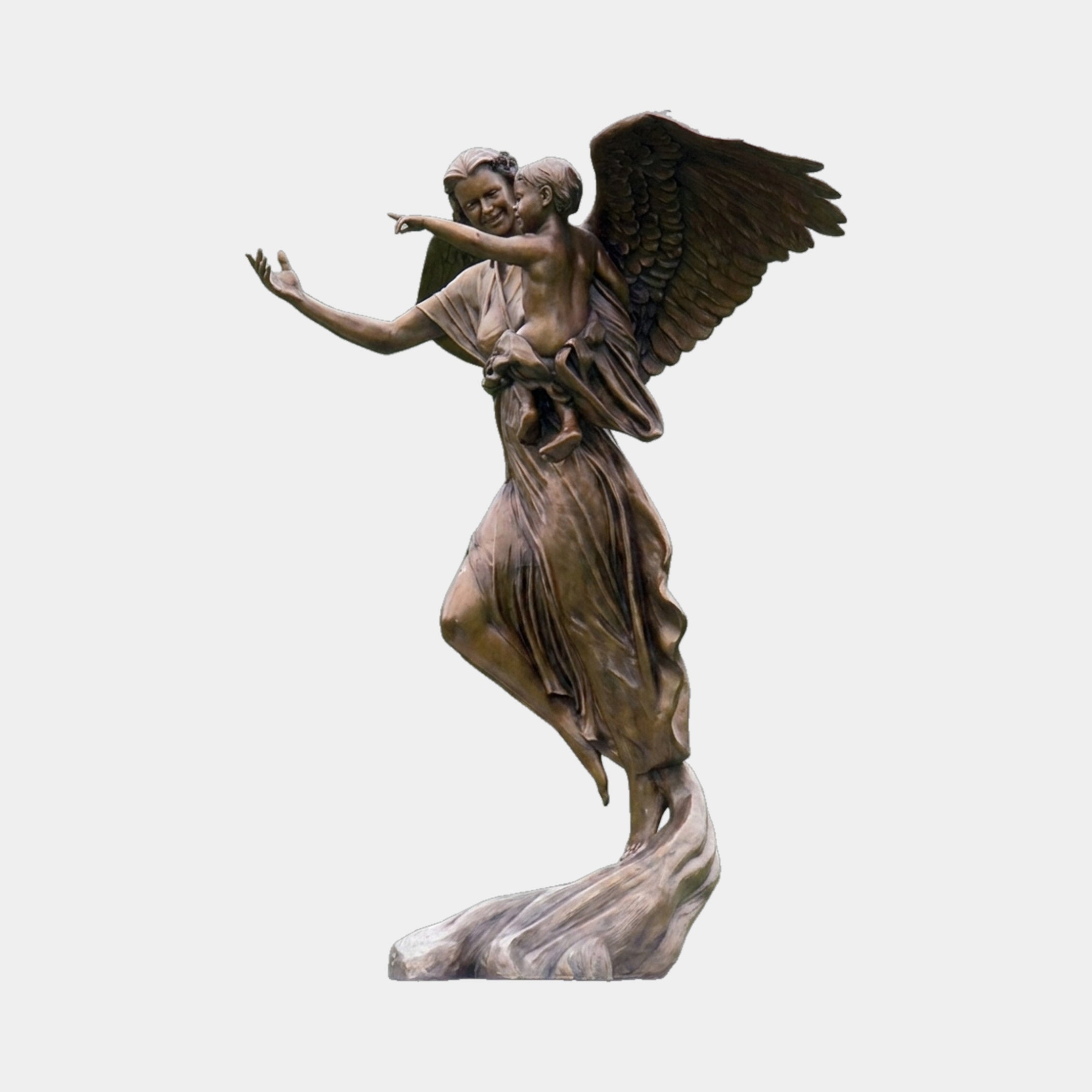 Life-Size Classical Winged Angel Bronze Sculpture by Giant Sculptures, showing a winged figure holding a child aloft on a rock base, warm brown patina.