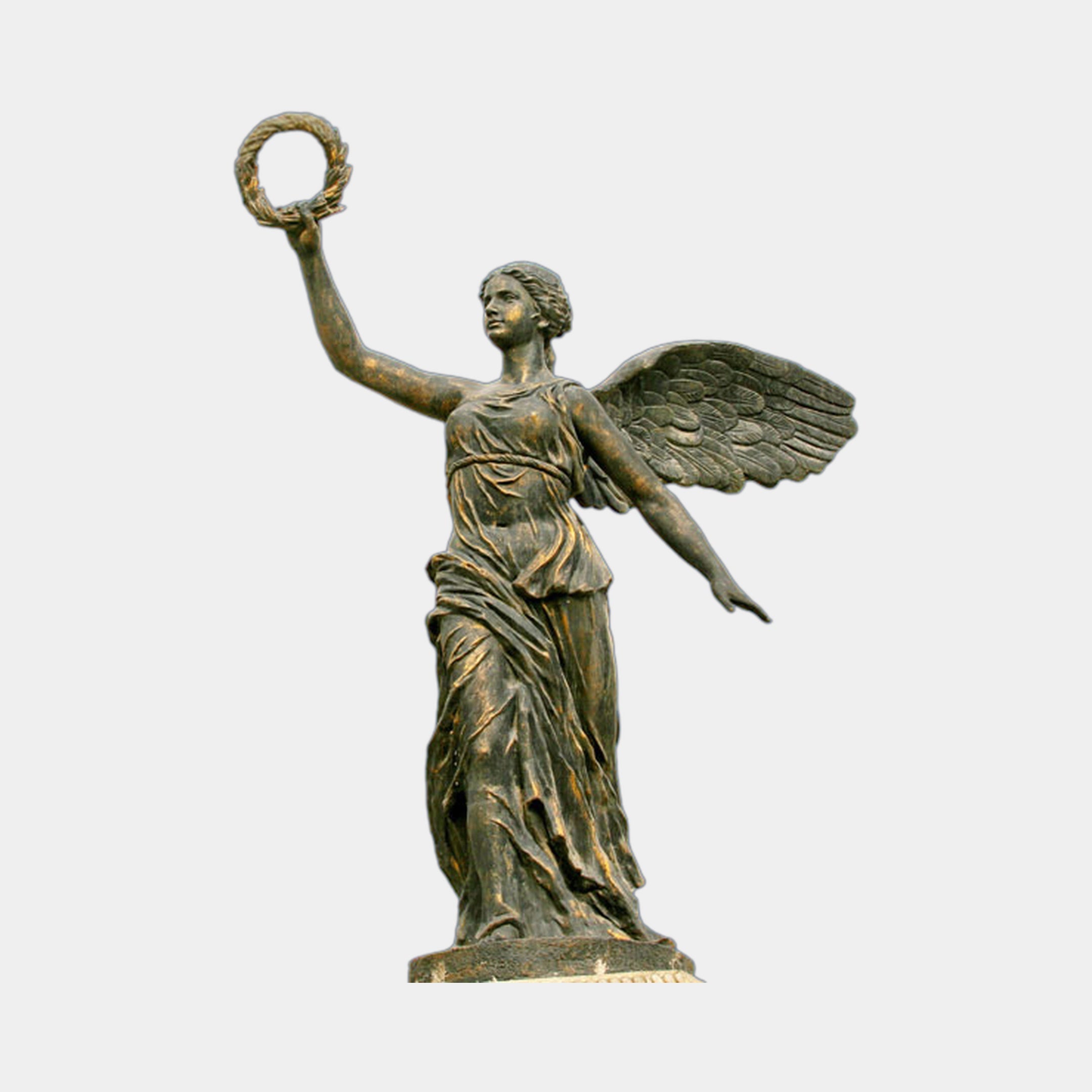 Life-Size Classical Winged Angel Bronze Sculpture 240cm by Giant Sculptures, dark patina figure raising a laurel wreath with wings spread, on a plain grey background.
