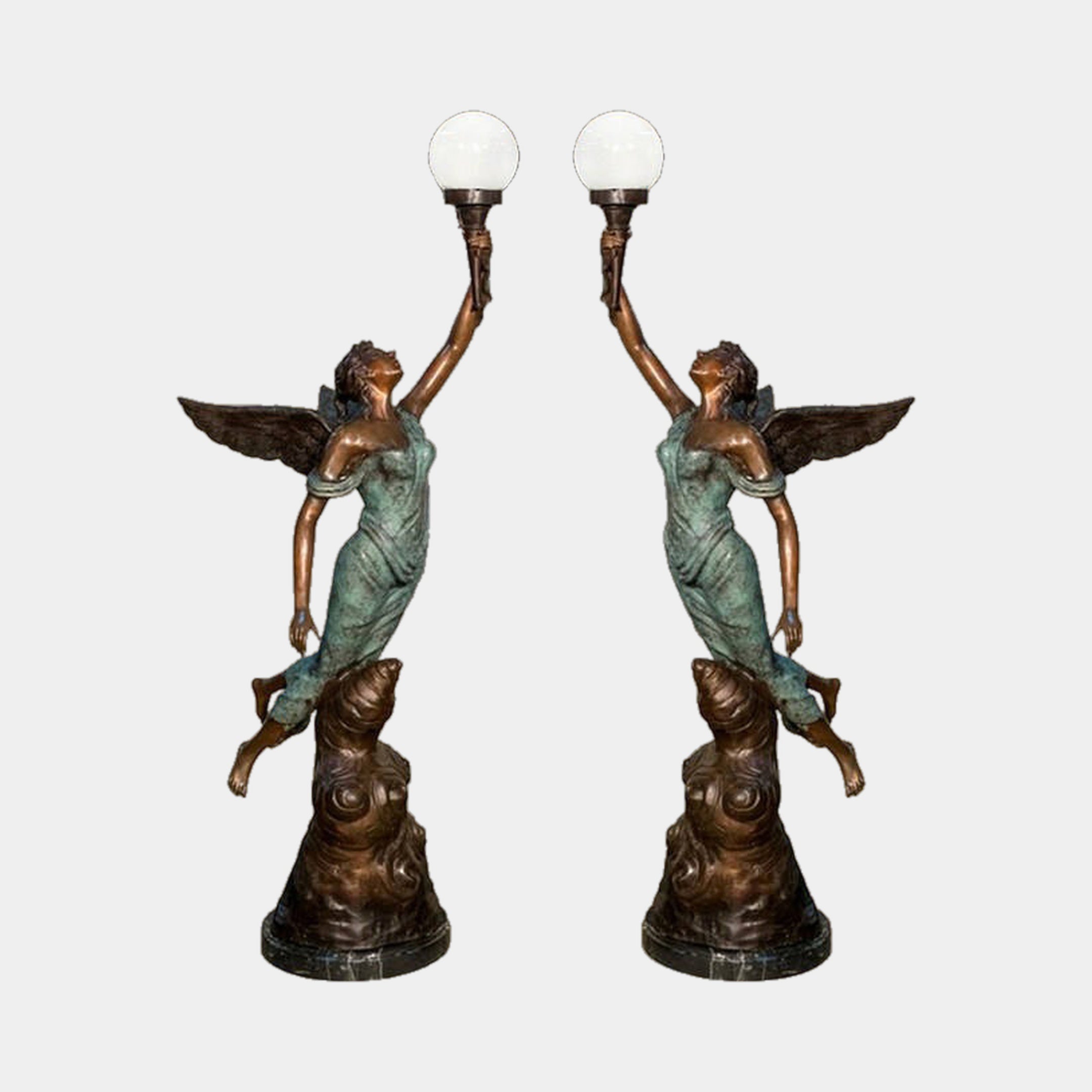 Giant Sculptures Life-Size Classical Winged Angel Pair Floor Lamp Bronze Sculpture 250cm, mirrored figures with verdigris drapery raising frosted globe lamps.